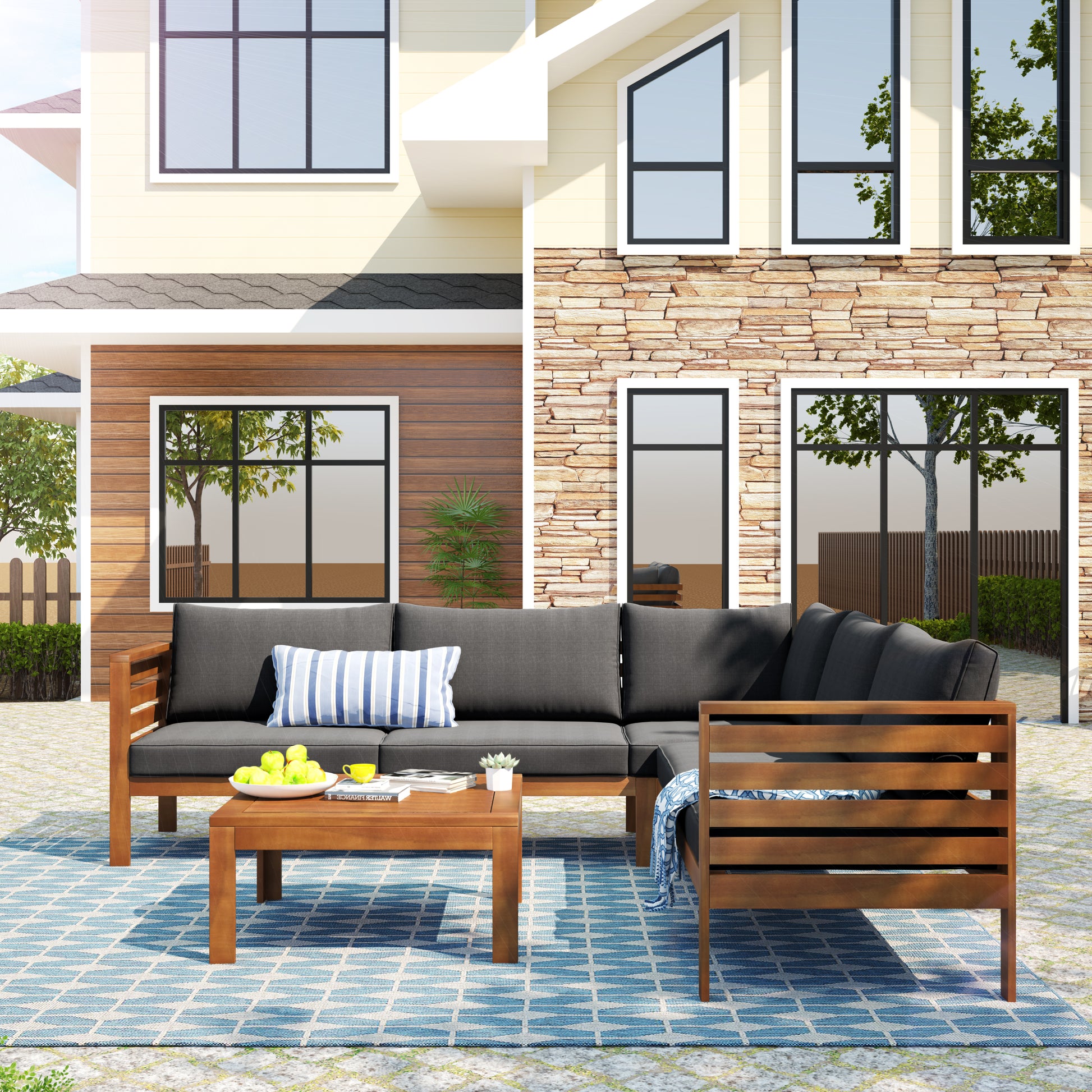 YIORTWO Acacia Wood Outdoor Sofa Set, 4-Piece Modular L-Shaped Sectional with Beige Cushions, Coffee Table, Water-Resistant & UV-Protected, Gray - VANELC