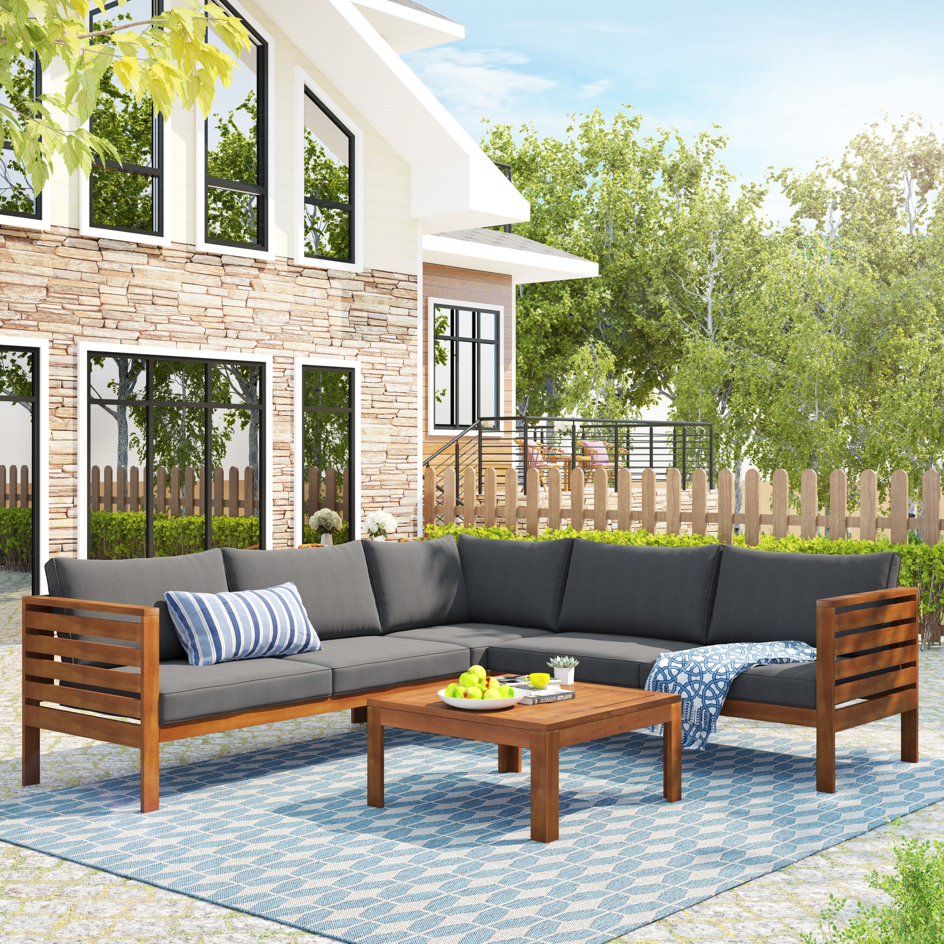 YIORTWO Acacia Wood Outdoor Sofa Set, 4-Piece Modular L-Shaped Sectional with Beige Cushions, Coffee Table, Water-Resistant & UV-Protected, Gray - VANELC