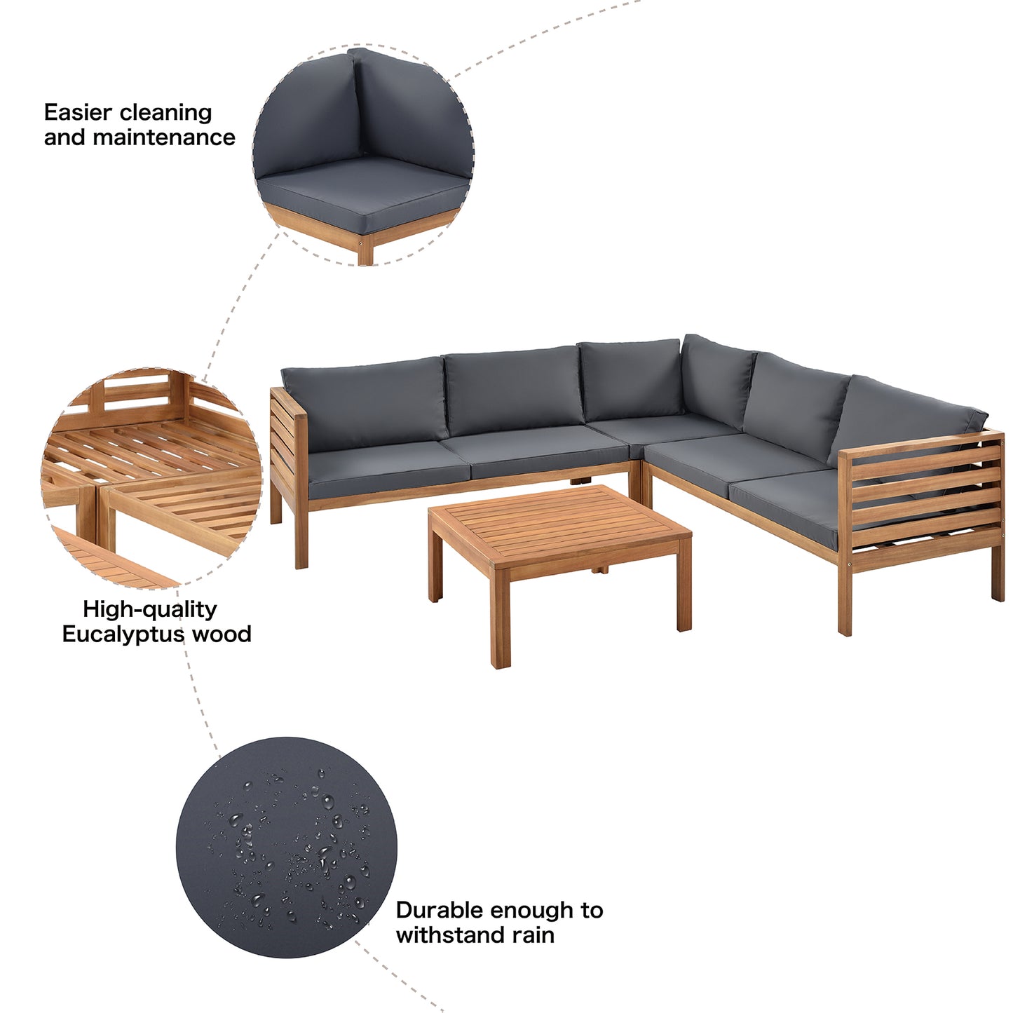 YIORTWO Acacia Wood Outdoor Sofa Set, 4-Piece Modular L-Shaped Sectional with Beige Cushions, Coffee Table, Water-Resistant & UV-Protected, Gray - VANELC