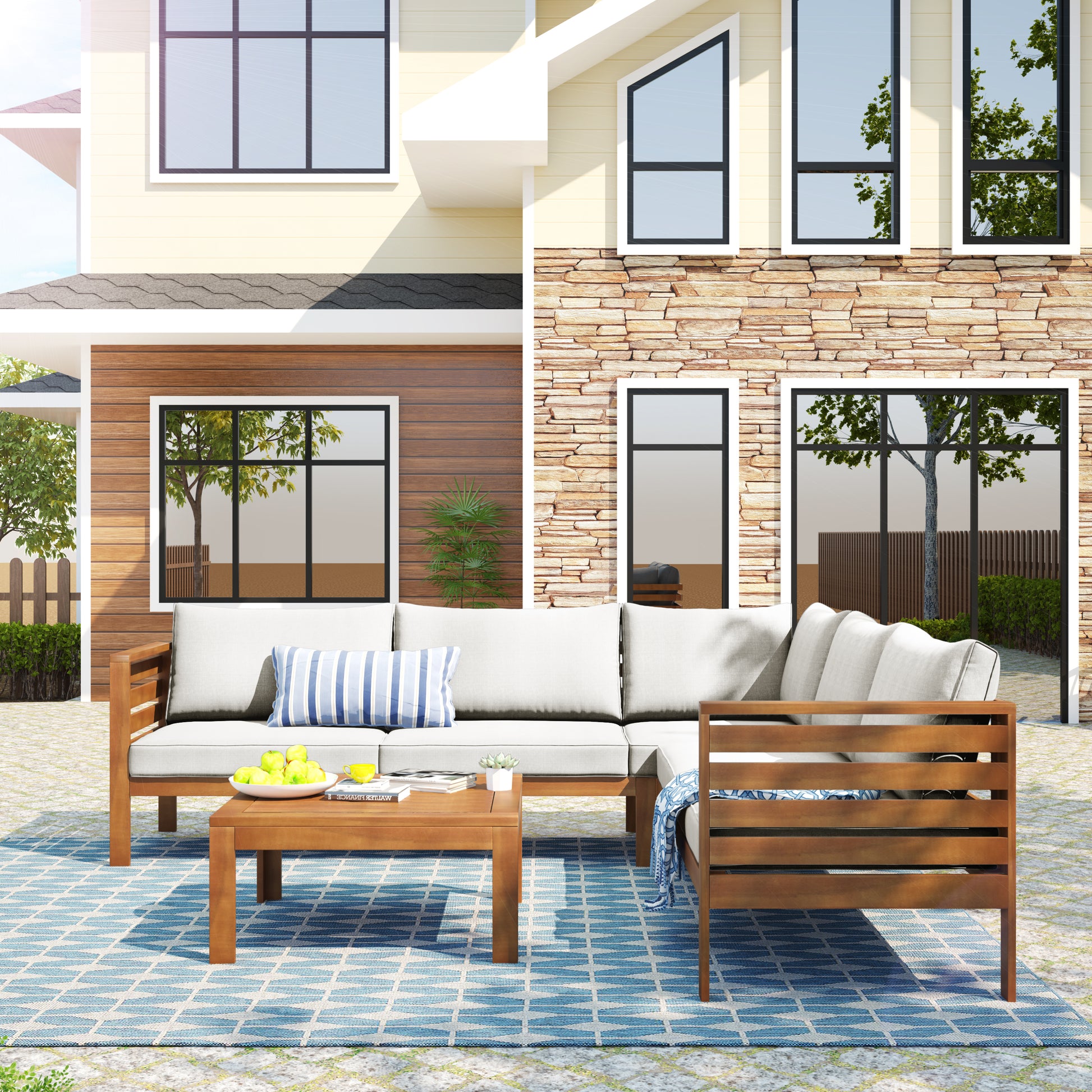 YIORTWO Acacia Wood Outdoor Sofa Set, 4-Piece Modular L-Shaped Sectional with Beige Cushions, Coffee Table, Water-Resistant & UV-Protected, Beige - VANELC