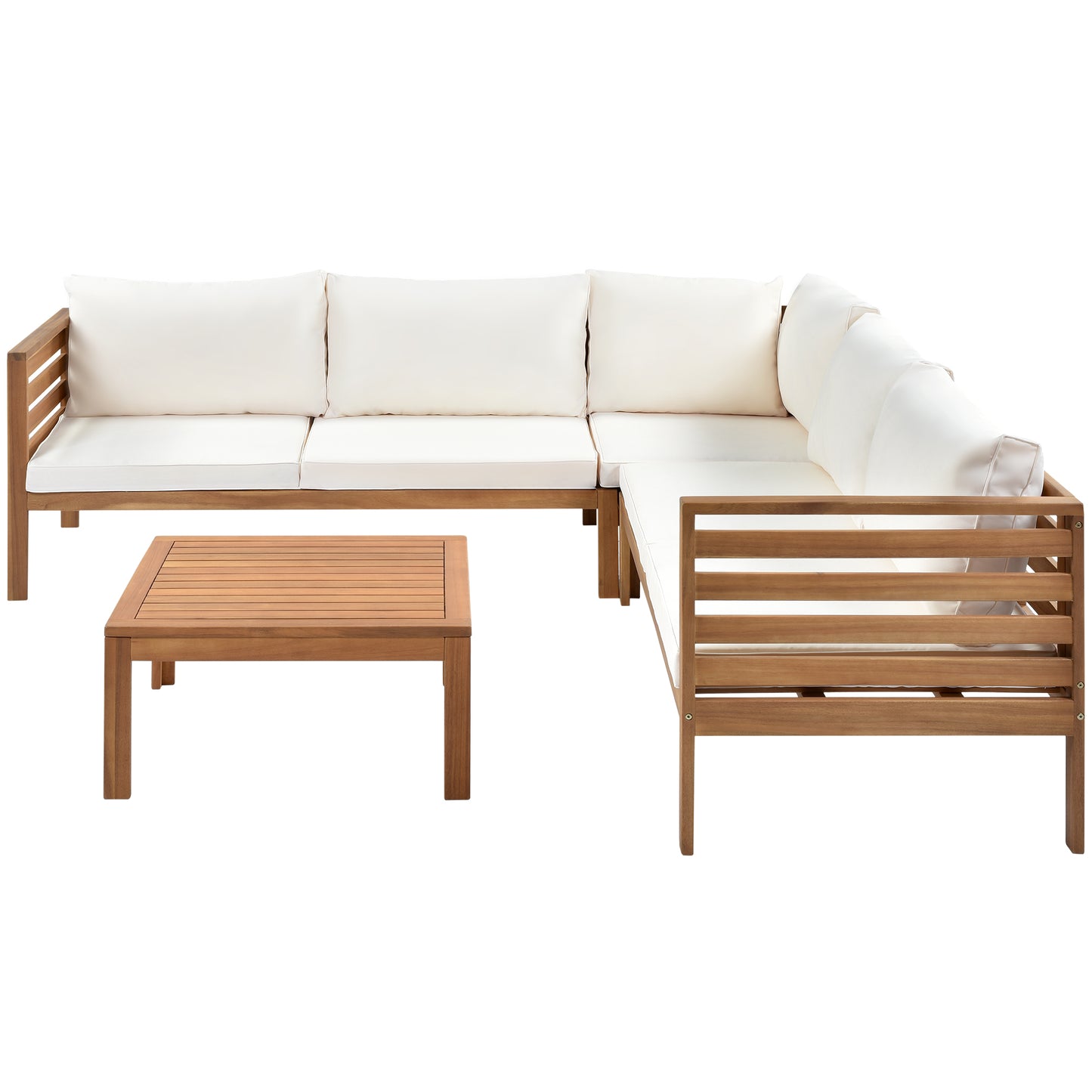 YIORTWO Acacia Wood Outdoor Sofa Set, 4-Piece Modular L-Shaped Sectional with Beige Cushions, Coffee Table, Water-Resistant & UV-Protected, Beige - VANELC
