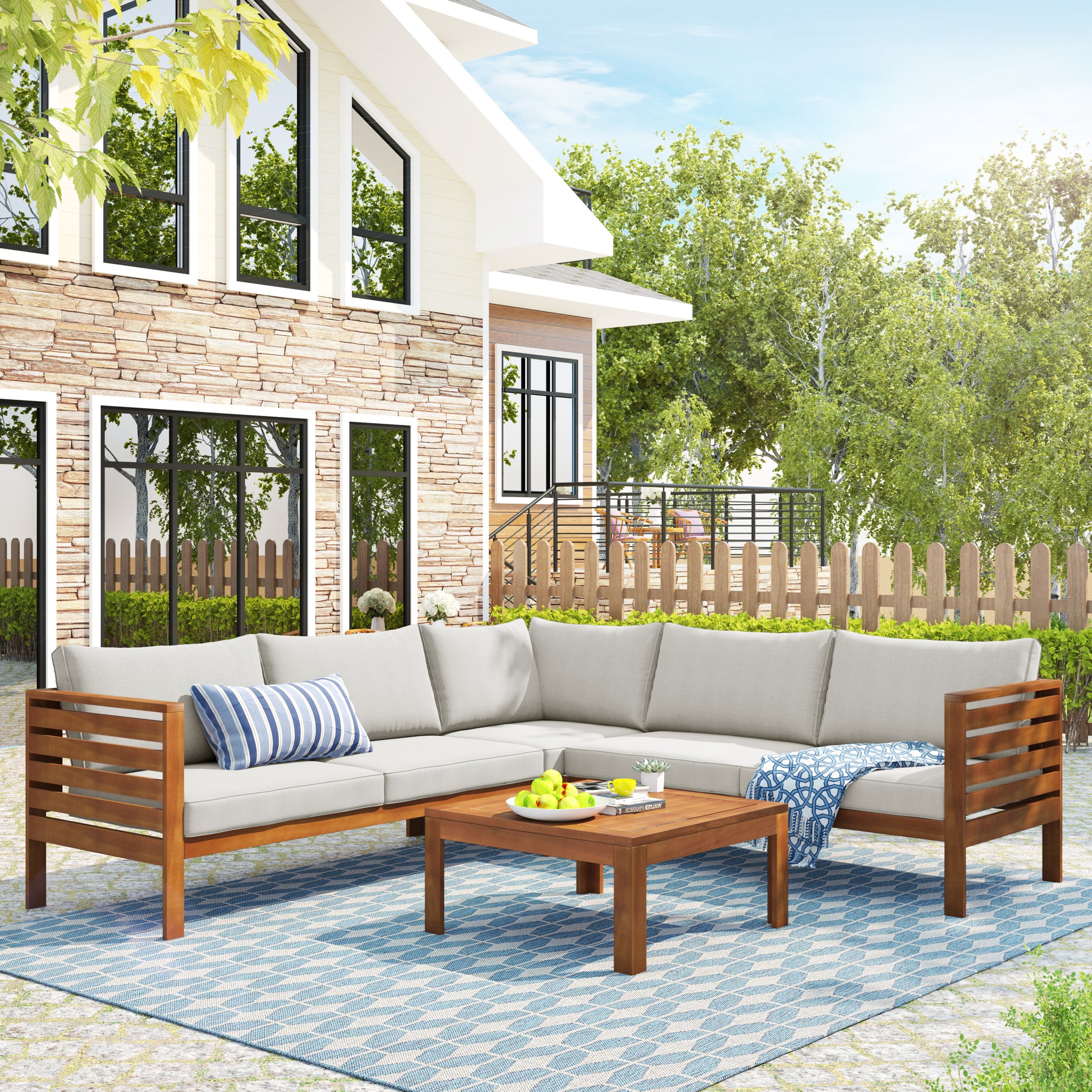 YIORTWO Acacia Wood Outdoor Sofa Set, 4-Piece Modular L-Shaped Sectional with Beige Cushions, Coffee Table, Water-Resistant & UV-Protected, Beige - VANELC