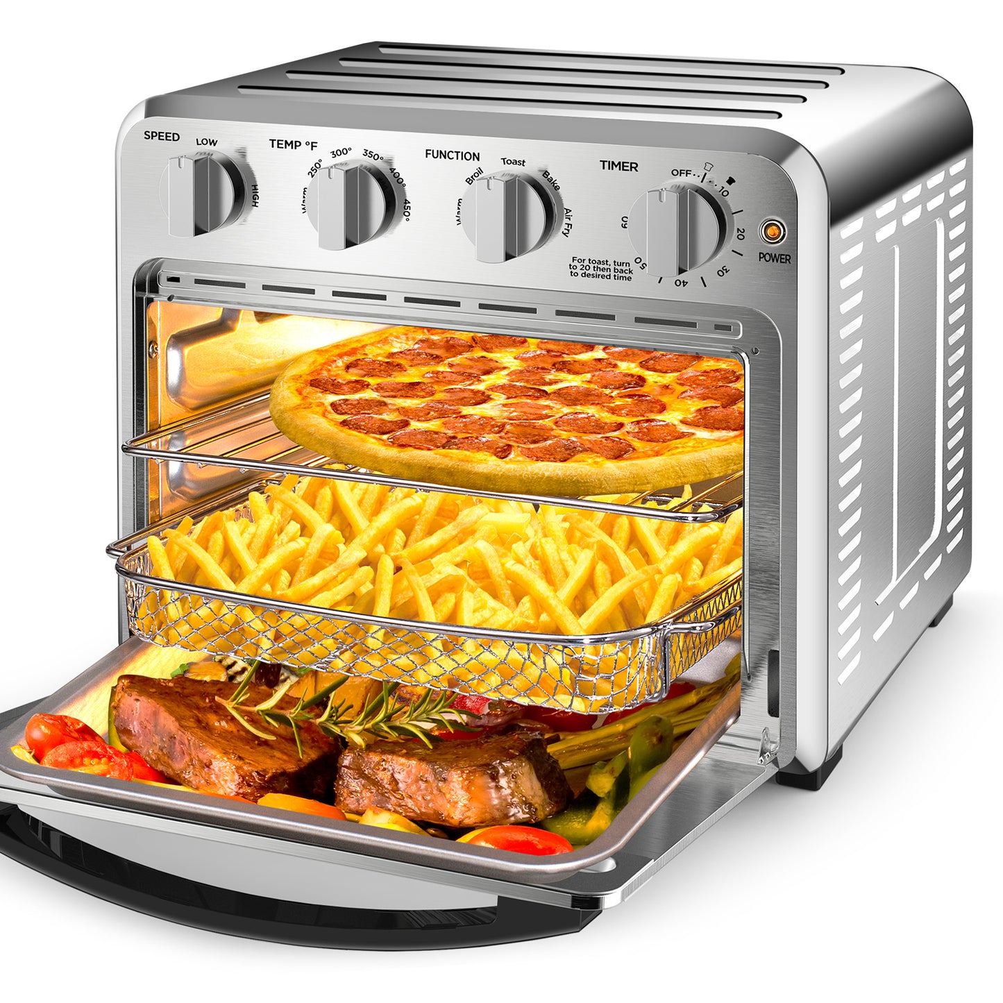 Geek Chef Air Fryer Toaster Oven Combo 16 Quart 5-in-1 Countertop Dehydrator for Chicken, Pizza, Cookies, 1400W, 4 Accessories Included, Silver - VANELC