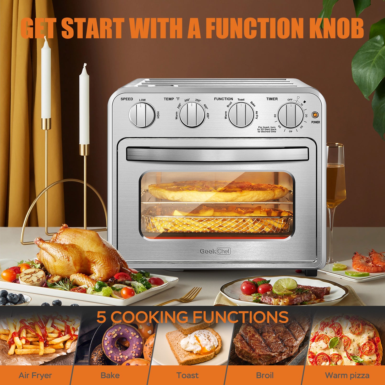 Geek Chef Air Fryer Toaster Oven Combo 16 Quart 5-in-1 Countertop Dehydrator for Chicken, Pizza, Cookies, 1400W, 4 Accessories Included, Silver - VANELC
