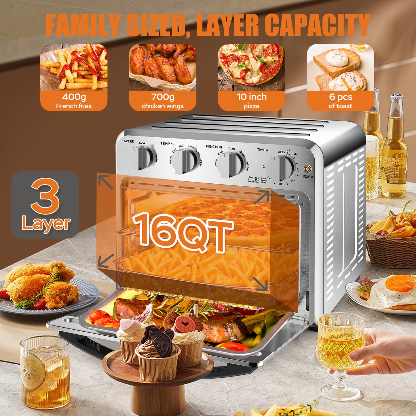 Geek Chef Air Fryer Toaster Oven Combo 16 Quart 5-in-1 Countertop Dehydrator for Chicken, Pizza, Cookies, 1400W, 4 Accessories Included, Silver - VANELC