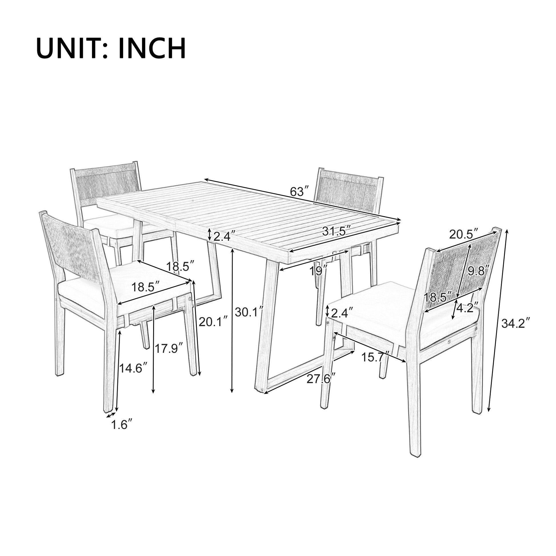 YIORTWO 5-Piece Acacia Wood Outdoor Dining Set with Thick Cushions, 47" Table & 4 Chairs for Patio, Garden, Balcony, Gray - VANELC