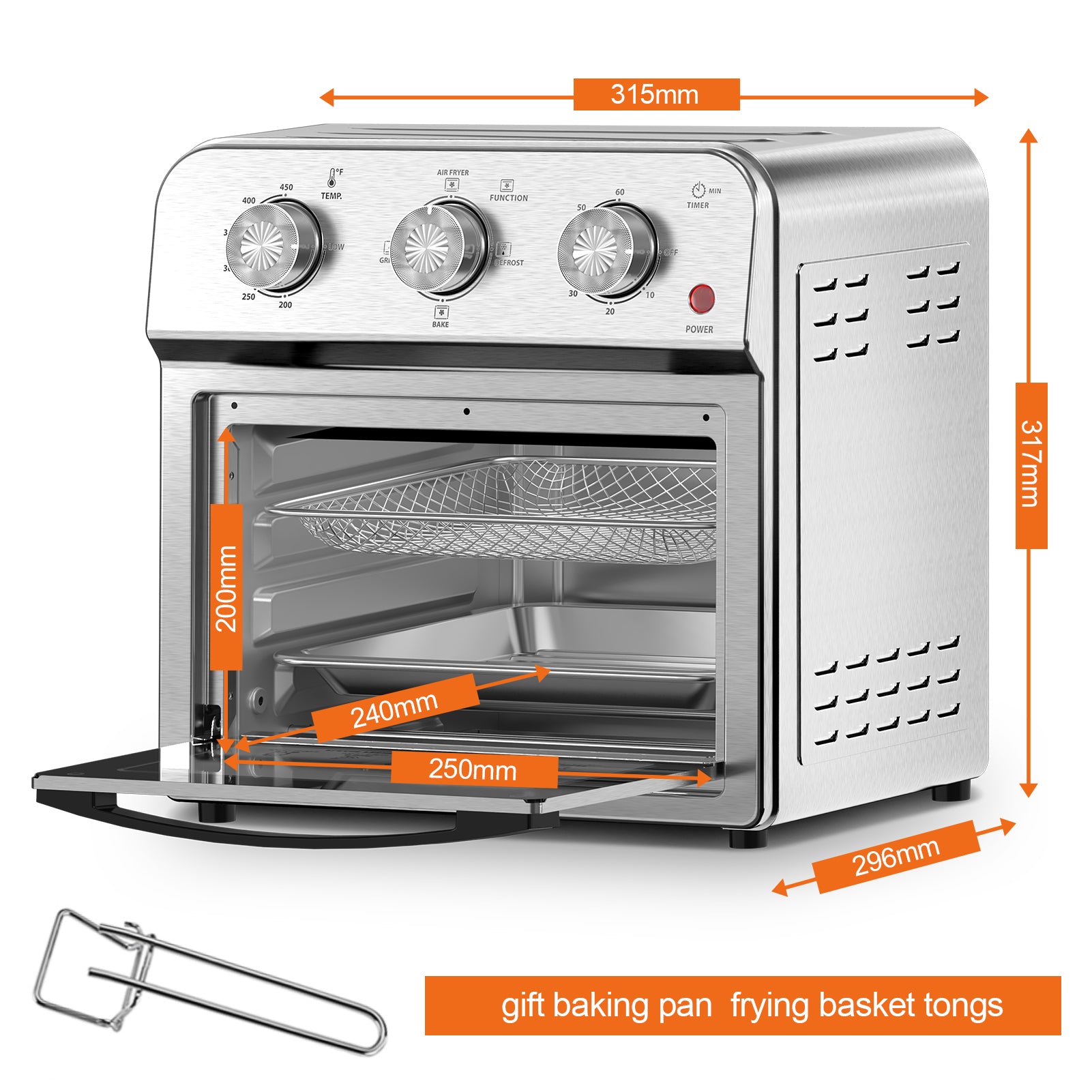 Plum Chef 13QT Air Fryer Toaster Oven Combo, 7-in-1 Multifunctional Countertop Oven with 360° Hot Air Circulation for Healthy Oil-Free Cooking, Family Size, Stainless Steel, Silver - VANELC