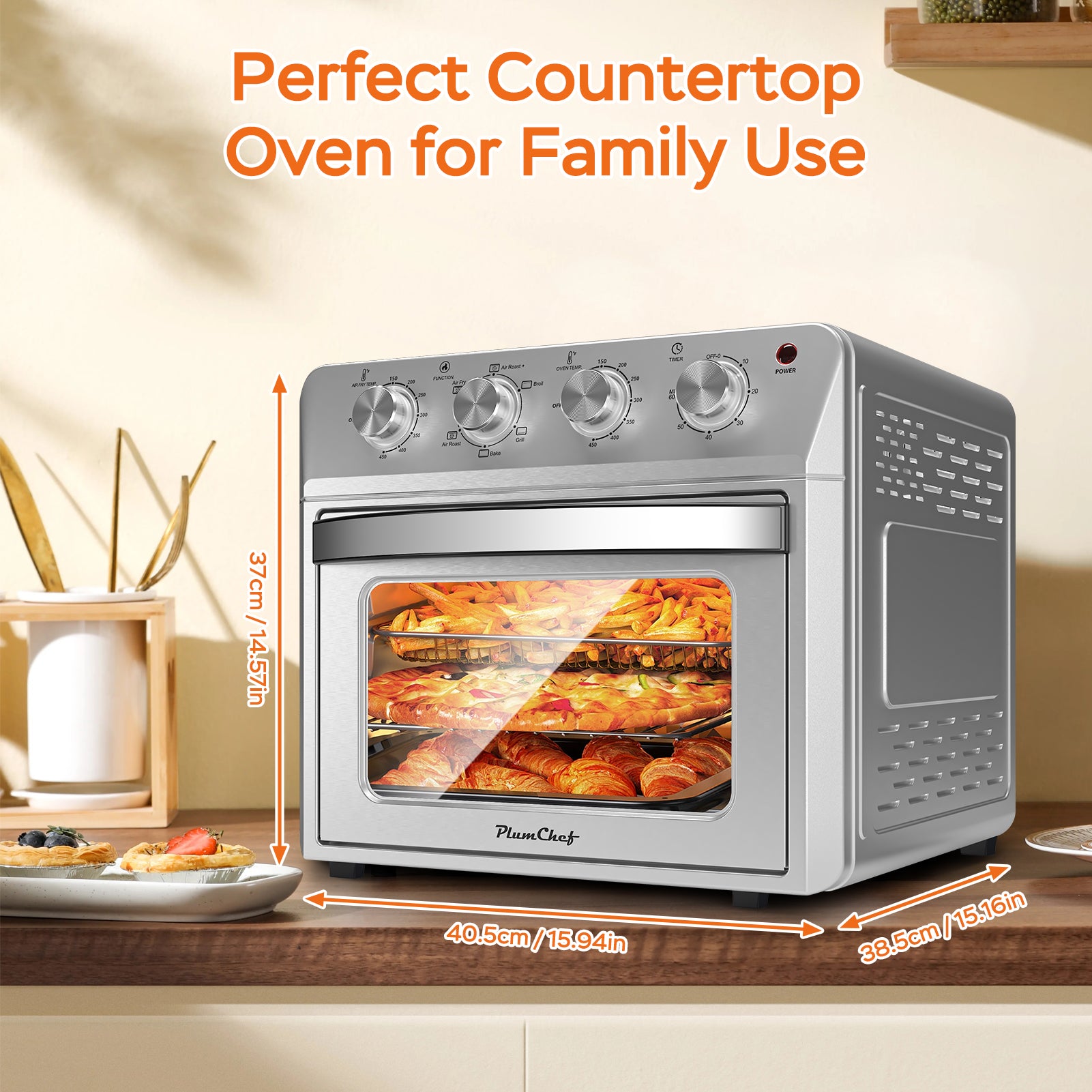 Plum Chef 27.5QT Air Fryer Toaster Oven Combo, Extra Large 7-in-1 Countertop Oven with Bake, Broil, Roast, Toast, Healthy Air Fry Function, 1600W, Digital Controls & 60-Min Timer, Silver - VANELC