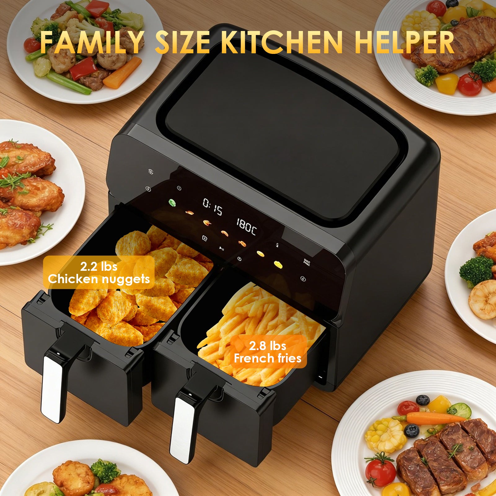 Plum Chef 11-Quart Dual Basket Air Fryer, 2 Independent 5.5QT Zones with Smart Finish, 1700W 7-in-1 Combo - VANELC