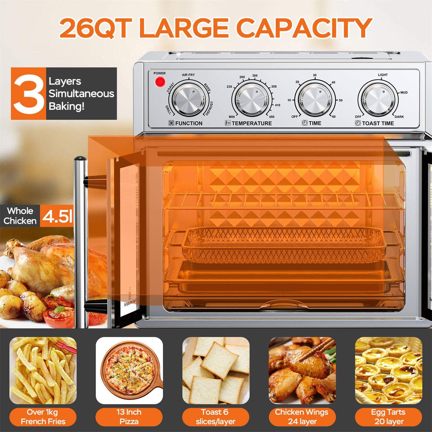 Plum Chef Air Fryer Toaster Oven, 27.5QT 7-in-1 Convection Countertop Oven with Air Fry, Bake, Grill, Toast, Dehydrate, Perfect for Family Kitchen, Healthy Low Oil Cooking, Ideal Gift, Silver - VANELC
