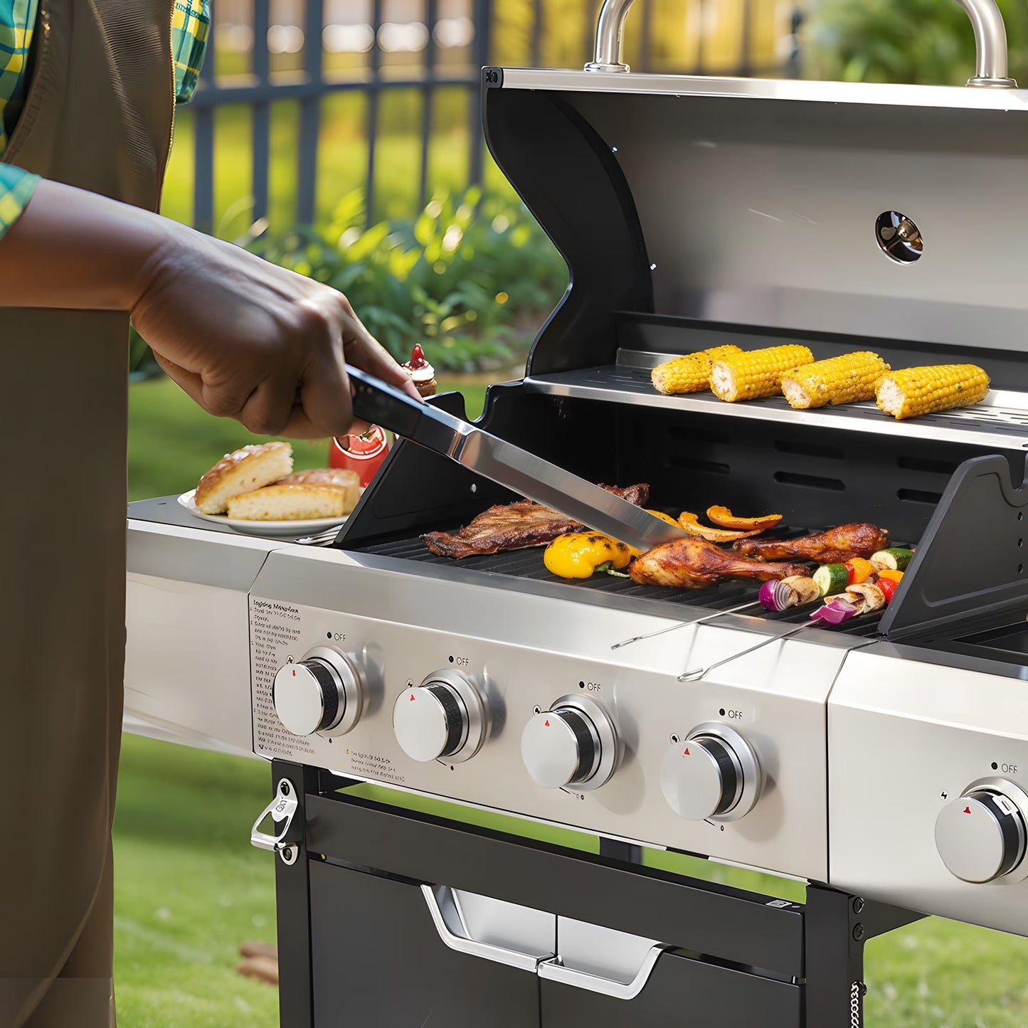 YIORTWO 4-Burner Propane Gas Grill with Side Burner, 51,000 BTU Outdoor Barbecue Grill, Stainless Steel BBQ Grill for Backyard Cooking, Black