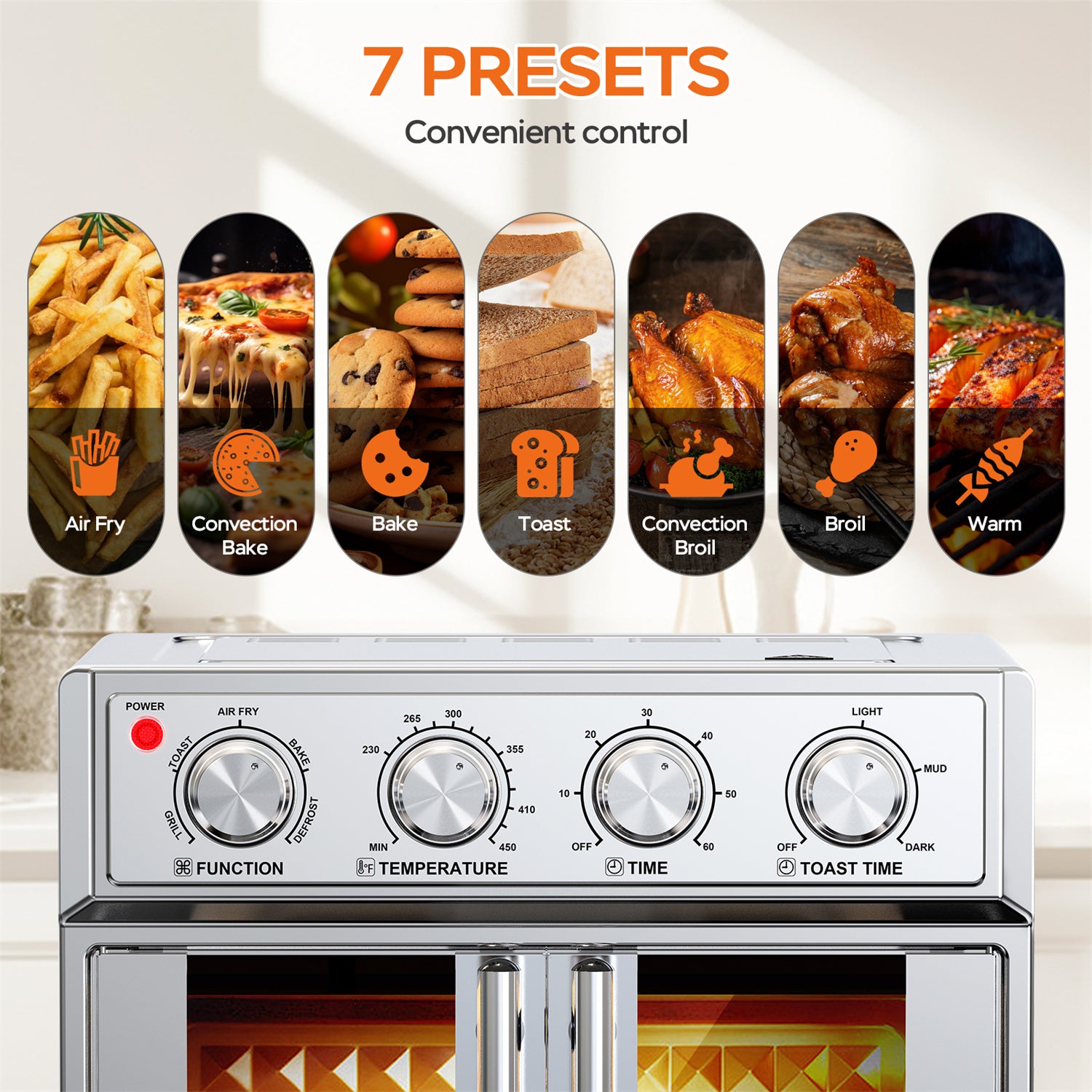 Plum Chef Air Fryer Toaster Oven, 27.5QT 7-in-1 Convection Countertop Oven with Air Fry, Bake, Grill, Toast, Dehydrate, Perfect for Family Kitchen, Healthy Low Oil Cooking, Ideal Gift, Silver - VANELC