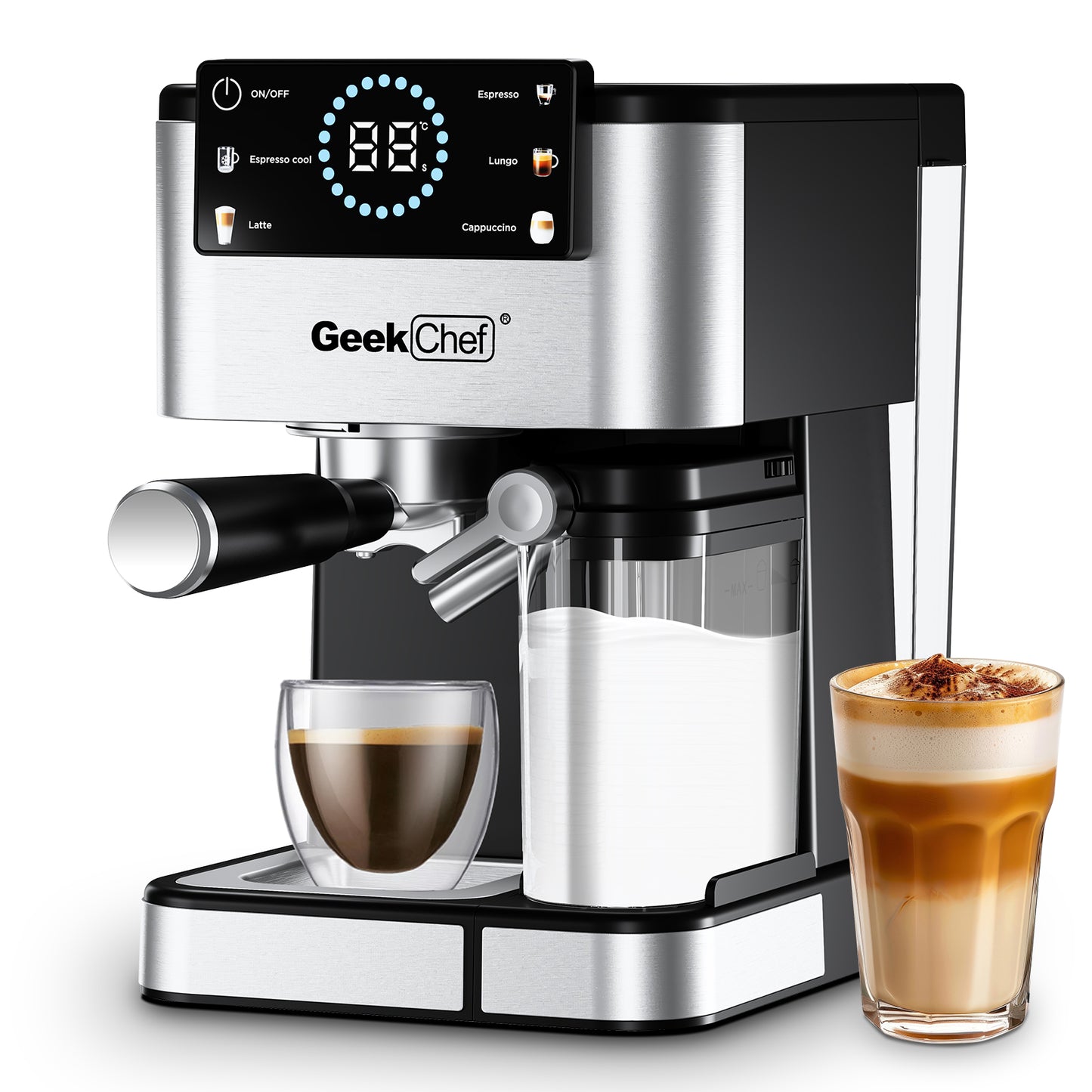Geek Chef Espresso Machine, 20Bar Espresso Coffee Maker for Cappuccino, Latte, Americano & Cold Brew, with Automatic Milk Frother & Detachable Milk Reservoir, One-Touch Operation, Silver - VANELC