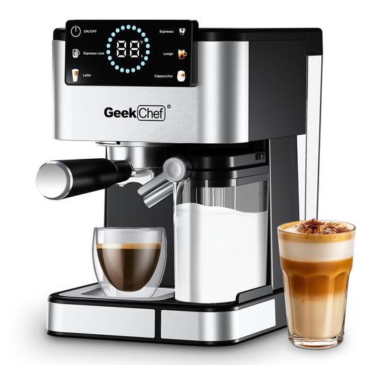Geek Chef Espresso Machine, 20Bar Espresso Coffee Maker for Cappuccino, Latte, Americano & Cold Brew, with Automatic Milk Frother & Detachable Milk Reservoir, One-Touch Operation, Silver - VANELC
