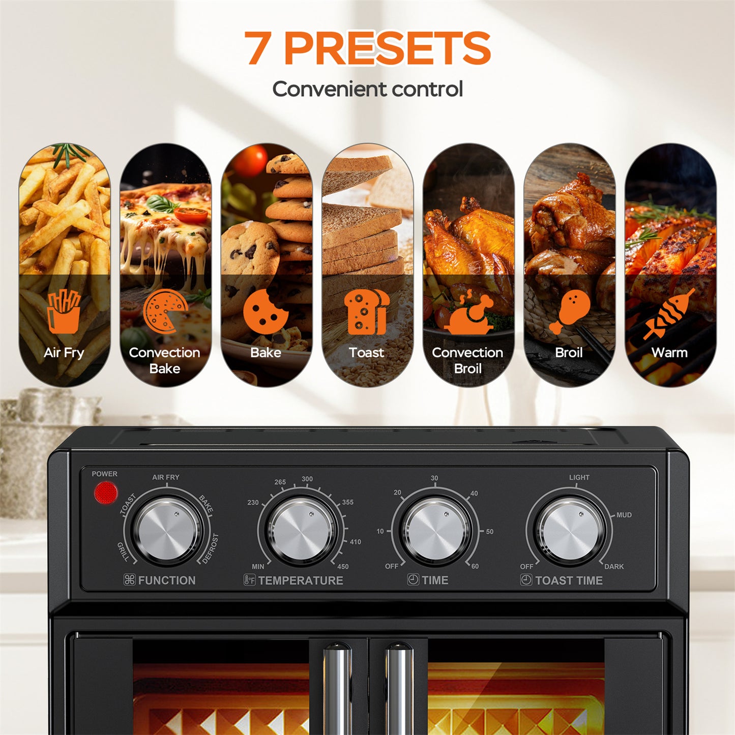 Plum Chef Air Fryer Toaster Oven, 26QT 7-in-1 Convection Countertop Oven with Air Fry, Bake, Grill, Toast, Dehydrate, Perfect for Family Kitchen, Healthy Low Oil Cooking, Ideal Gift, Black - VANELC