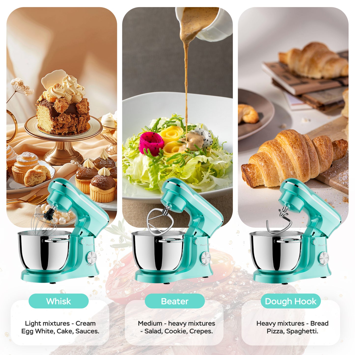 Plum Chef 5QT Stand Mixer with Extra 4.5QT Bowl & Timer, 300W Kitchen Mixer with Dough Hook, Beater, Whisk, 10 Speeds, Perfect for Baking, Retro Blue - VANELC