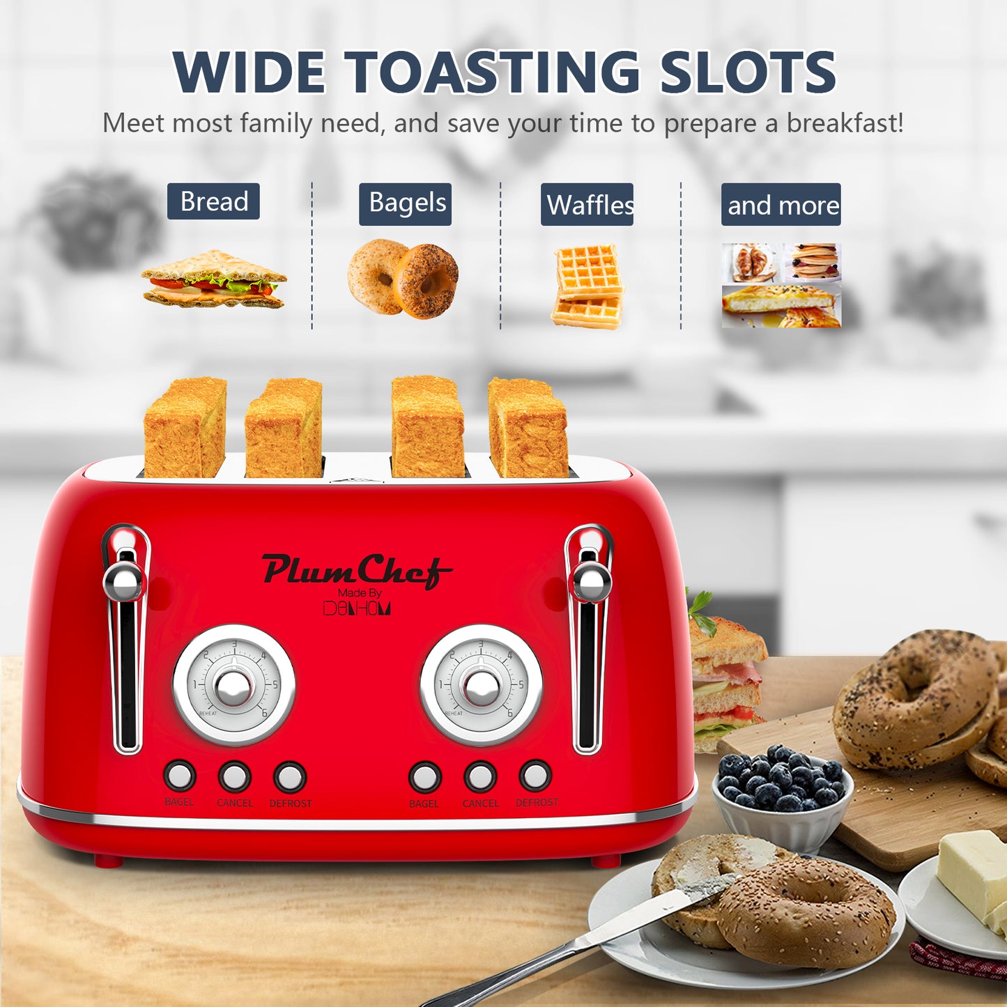 Plum Chef 4 Slice Toaster, Retro Stainless Steel with Bagel Defrost Cancel Function, 6 Browning Settings, Dual Control Toaster with Extre Wide Slot & Removable Crumb Tray, Red, 1650W - VANELC