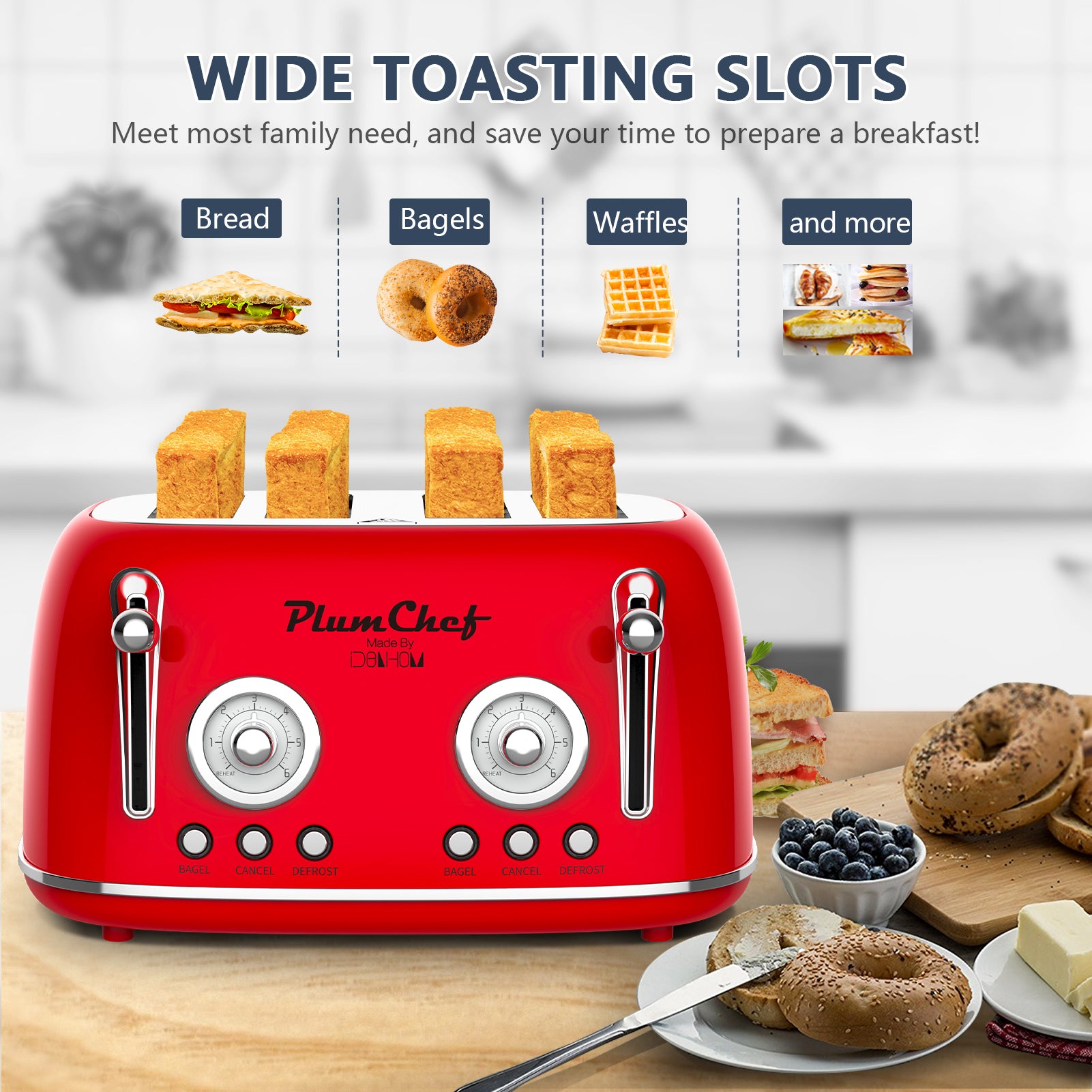 Plum Chef 4 Slice Toaster, Retro Stainless Steel with Bagel Defrost Cancel Function, 6 Browning Settings, Dual Control Toaster with Extre Wide Slot & Removable Crumb Tray, Red, 1650W - VANELC