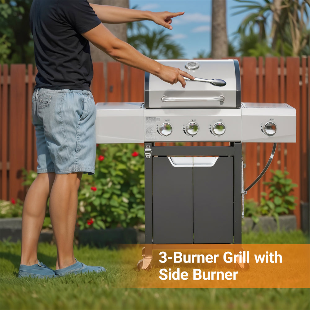 Highsound 3-Burner Propane Gas Grill with Side Burner, 37,000 BTU Outdoor BBQ Grill, Portable Stainless Steel Grill on Wheels for Patio, Garden, Black