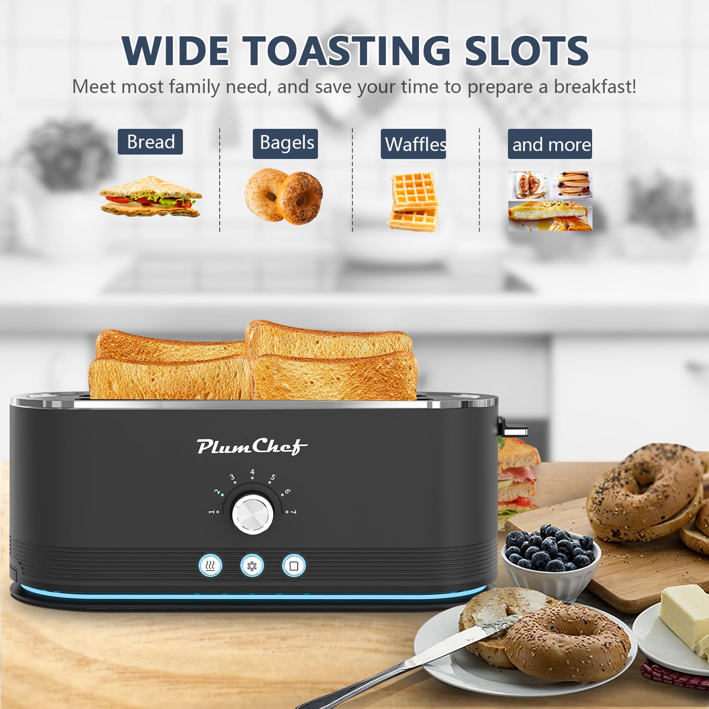 Plum Chef Toaster 4 Slice, Extra Long Slots 4 Slice Toaster, Reheat/Defrost/Cancel Function 6 Browning Settings Auto Pop-up Removable Crumb Tray - VANELC