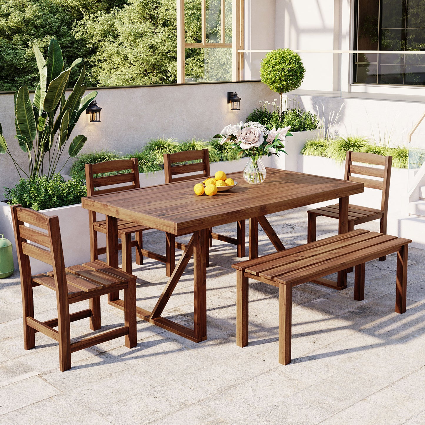 HighSound 6-Piece Outdoor Acacia Wood Dining Set, Patio Table and Chairs Set with Bench for 6-7 People, Outdoor Dining Furniture Set for Garden, Backyard and Poolside, Brown - VANELC