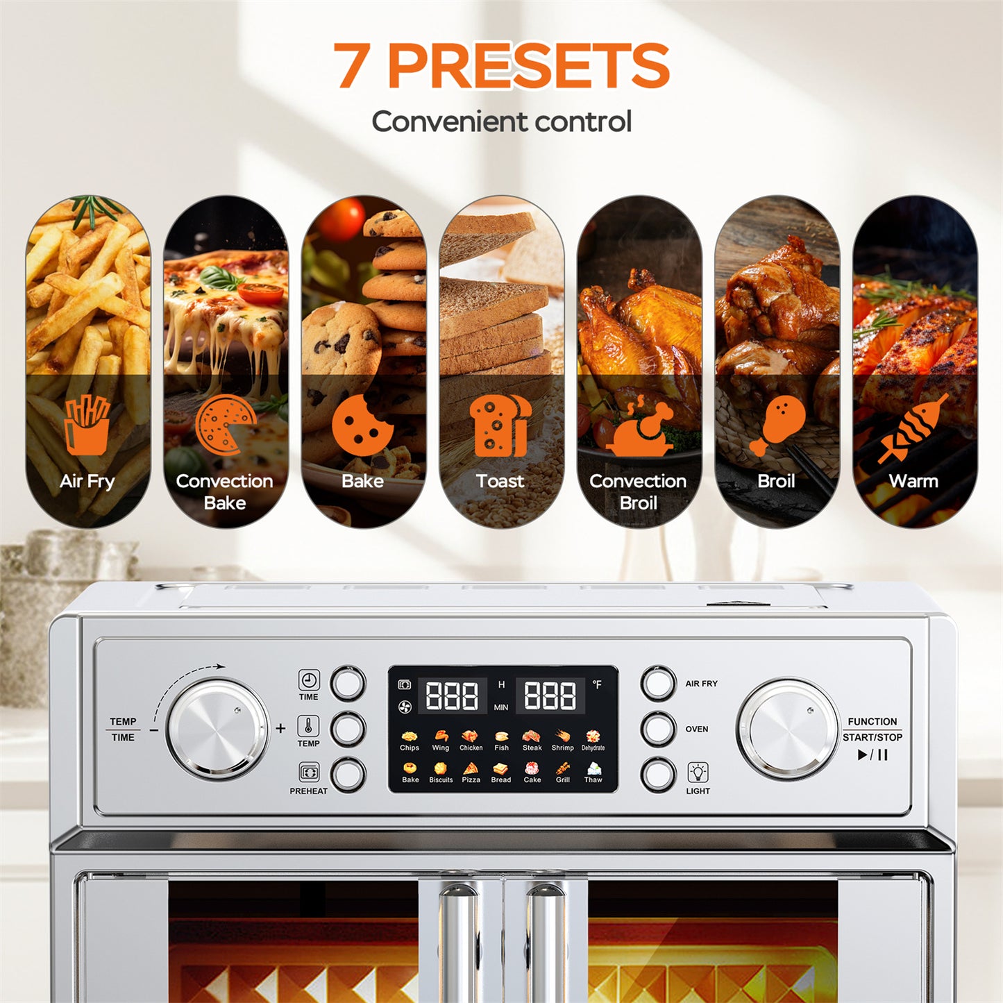 Plum Chef 27.5QT Air Fryer Toaster Oven Combo with 14 Presets, Digital Control, Stainless Steel Large Countertop Oven for Baking, Roasting, Air Frying, Includes Accessories, Silver - VANELC