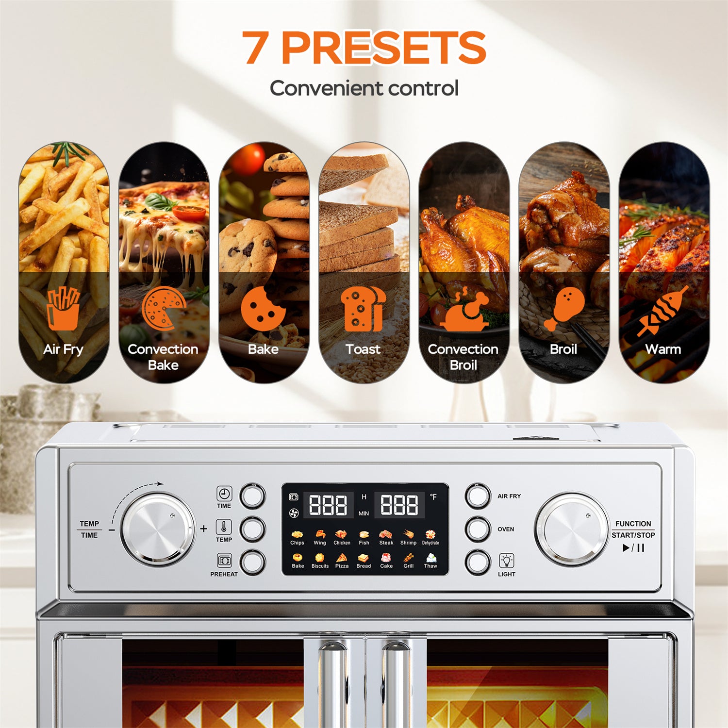 Plum Chef 27.5QT Air Fryer Toaster Oven Combo with 14 Presets, Digital Control, Stainless Steel Large Countertop Oven for Baking, Roasting, Air Frying, Includes Accessories, Silver - VANELC