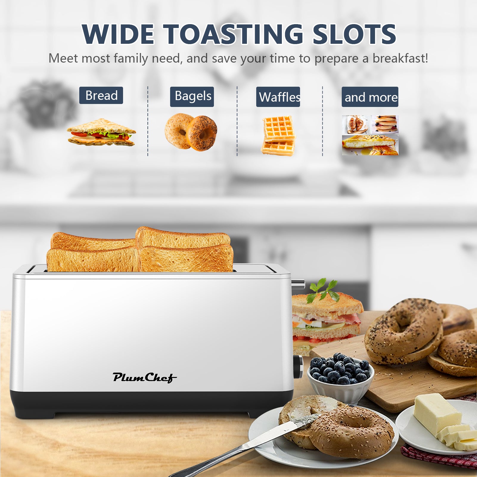 Plum Chef 4-Slice Extra Wide Slot Toaster, 6 Browning Settings & Bagel/Defrost/Reheat, Brushed Stainless Steel - VANELC