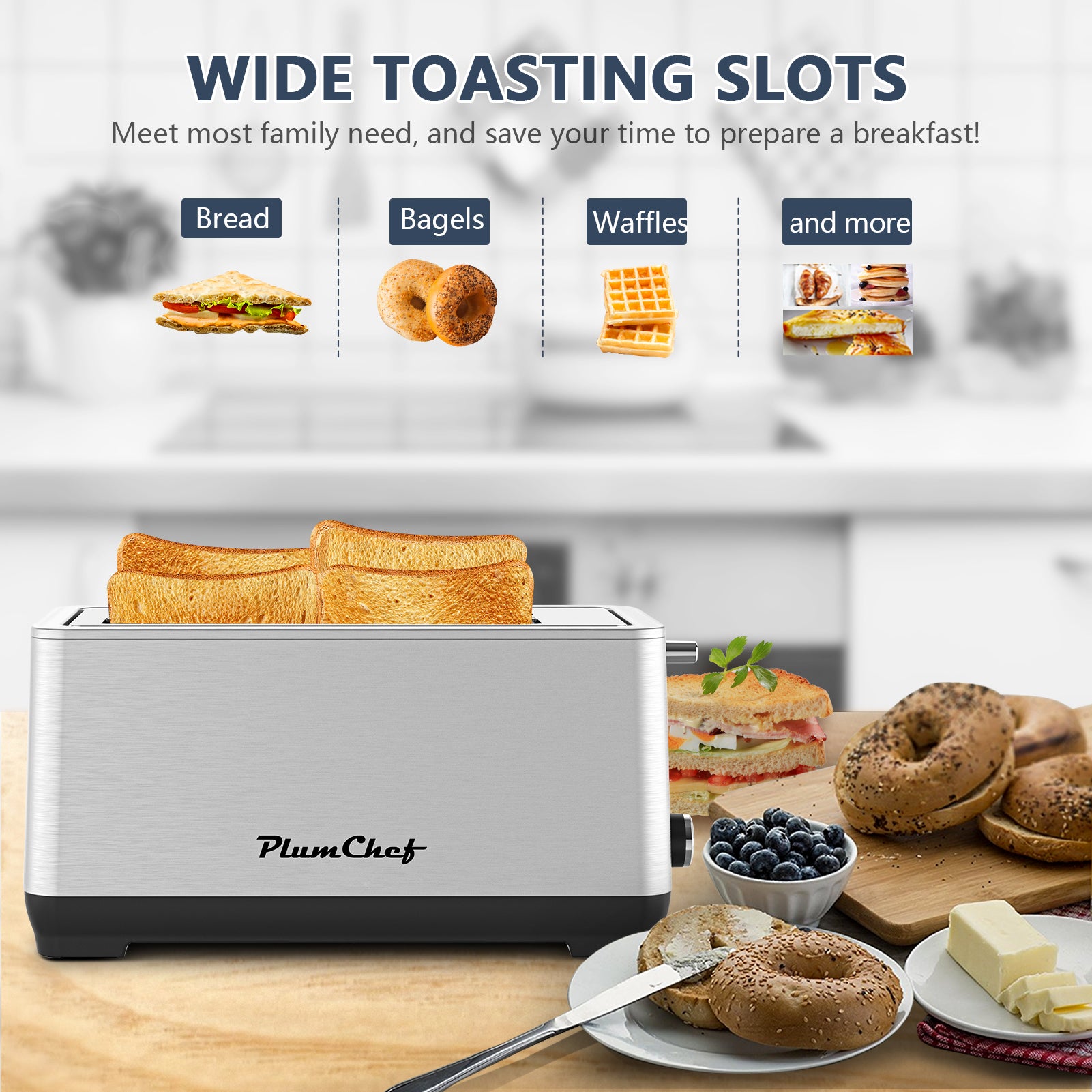 Plum Chef Long Slot 4 Slice Toaster 1600W, for Bagels & Waffles, 6 Browning Levels, 4 Basic Functions & Removable Tray, Kitchen Gadgets, Silver - VANELC