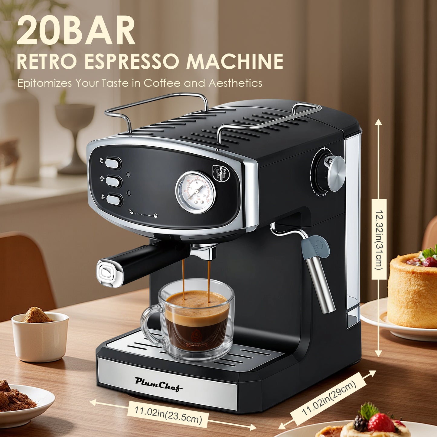 Plum Chef Espresso Machine with Automatic Milk Frother, 20 Bar Cappuccino Machines for Home, Coffee Maker with ESE Filters, 1.8L Water Tank, 1350W, Black - VANELC