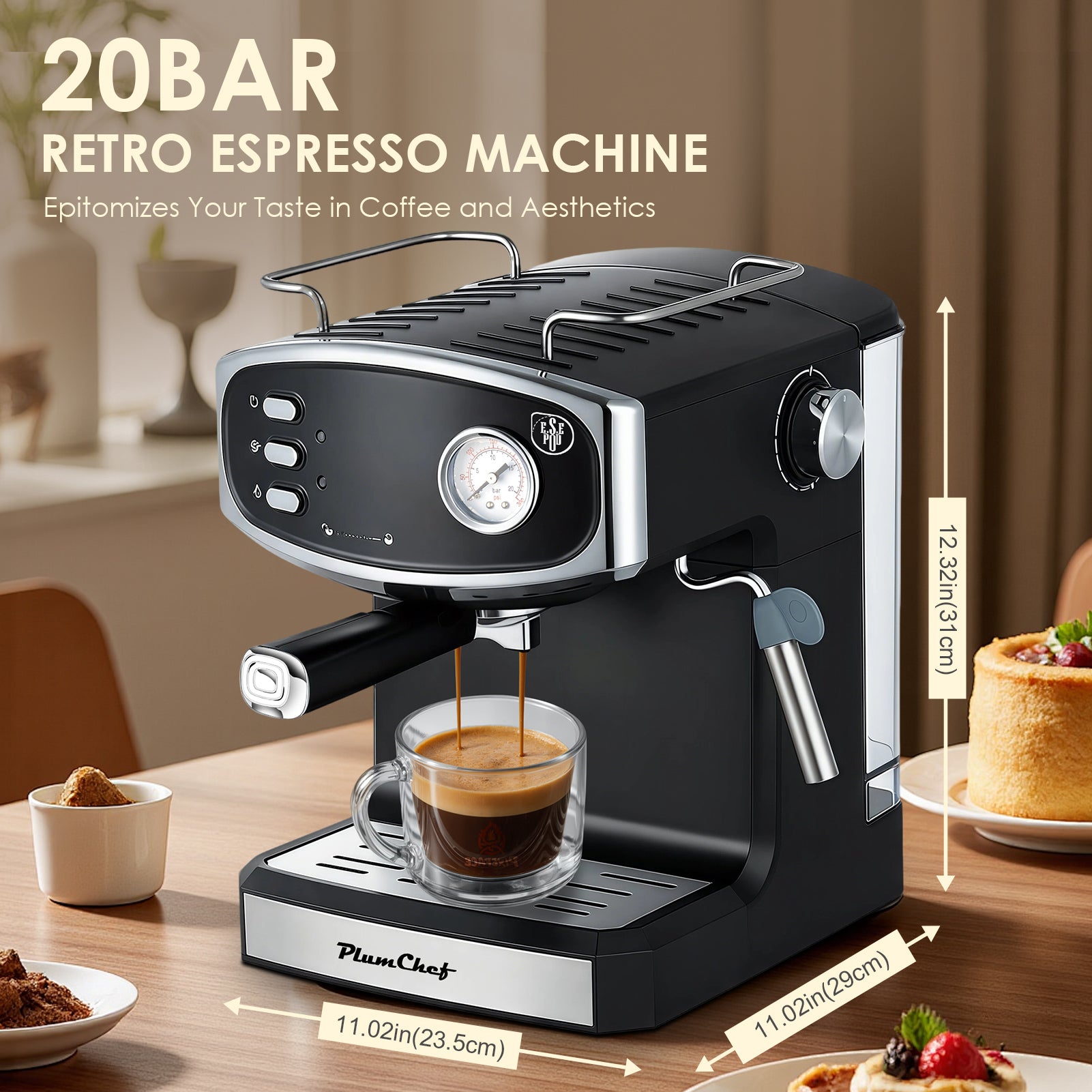 Plum Chef Espresso Machine with Automatic Milk Frother, 20 Bar Cappuccino Machines for Home, Coffee Maker with ESE Filters, 1.8L Water Tank, 1350W, Black - VANELC