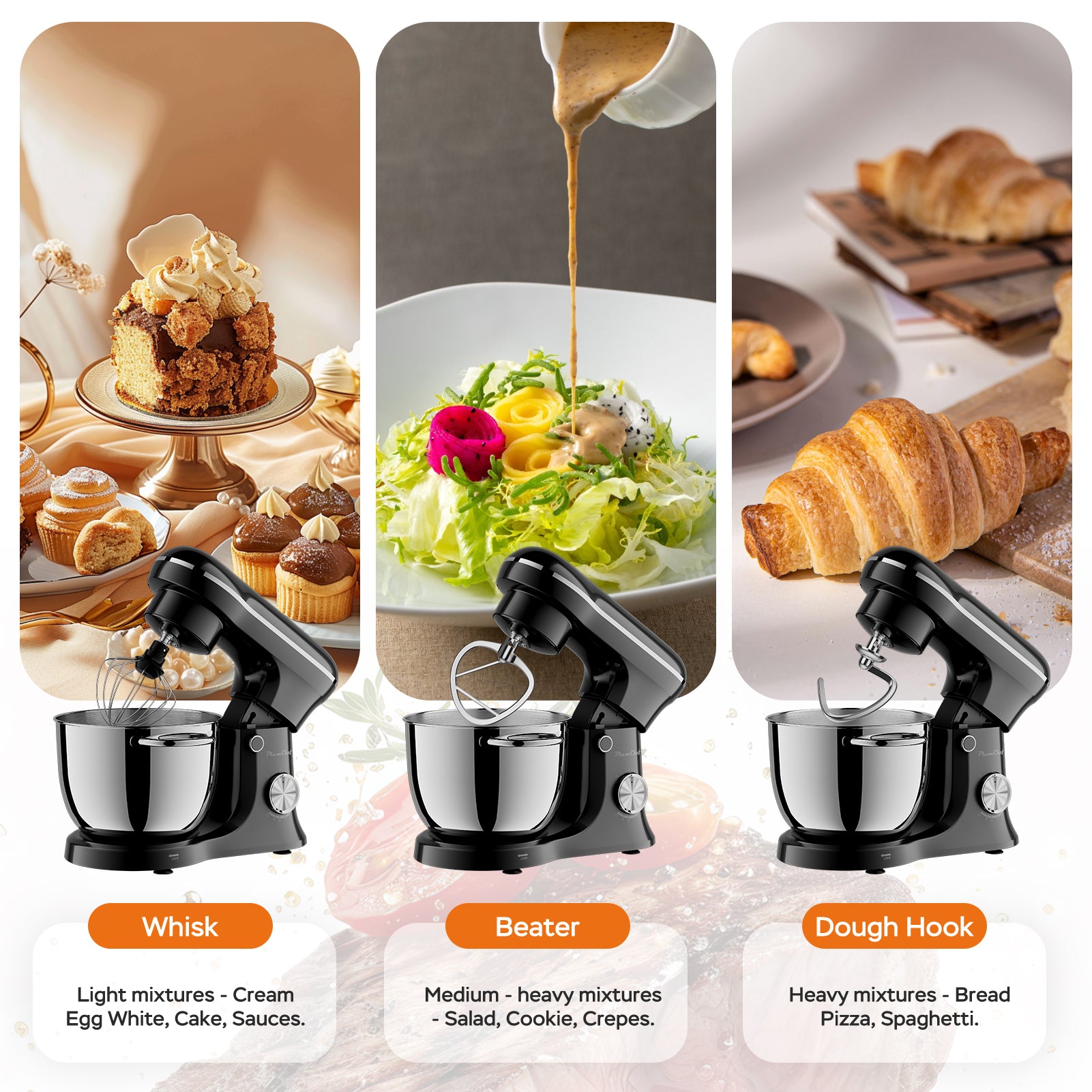 Plum Chef 5QT Stand Mixer, 300W 10-Speed Electric Kitchen Mixer with Dough Hook, Beater & Whisk for Baking, Kneading & Whipping, Black - VANELC