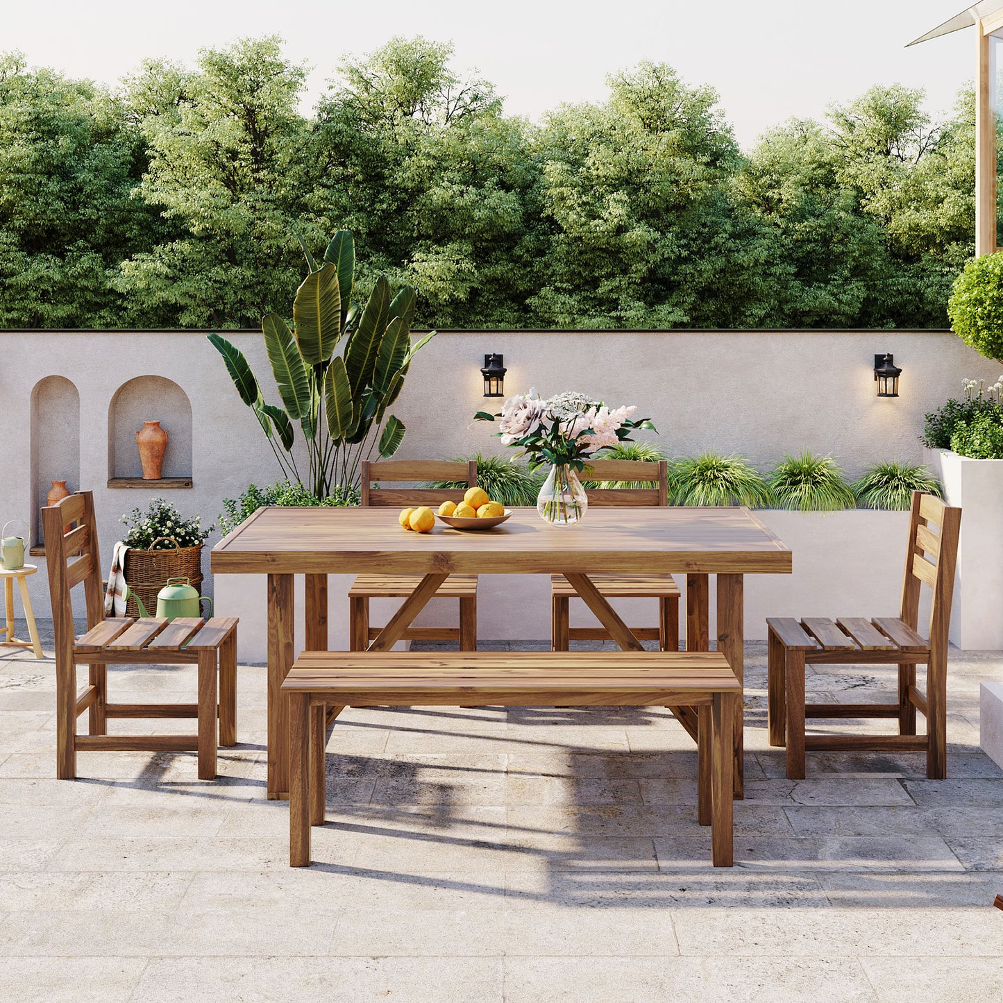 HighSound 6-Piece Outdoor Acacia Wood Dining Set, Patio Table and Chairs Set with Bench for 6-7 People, Outdoor Dining Furniture Set for Garden, Backyard and Poolside, Natural - VANELC