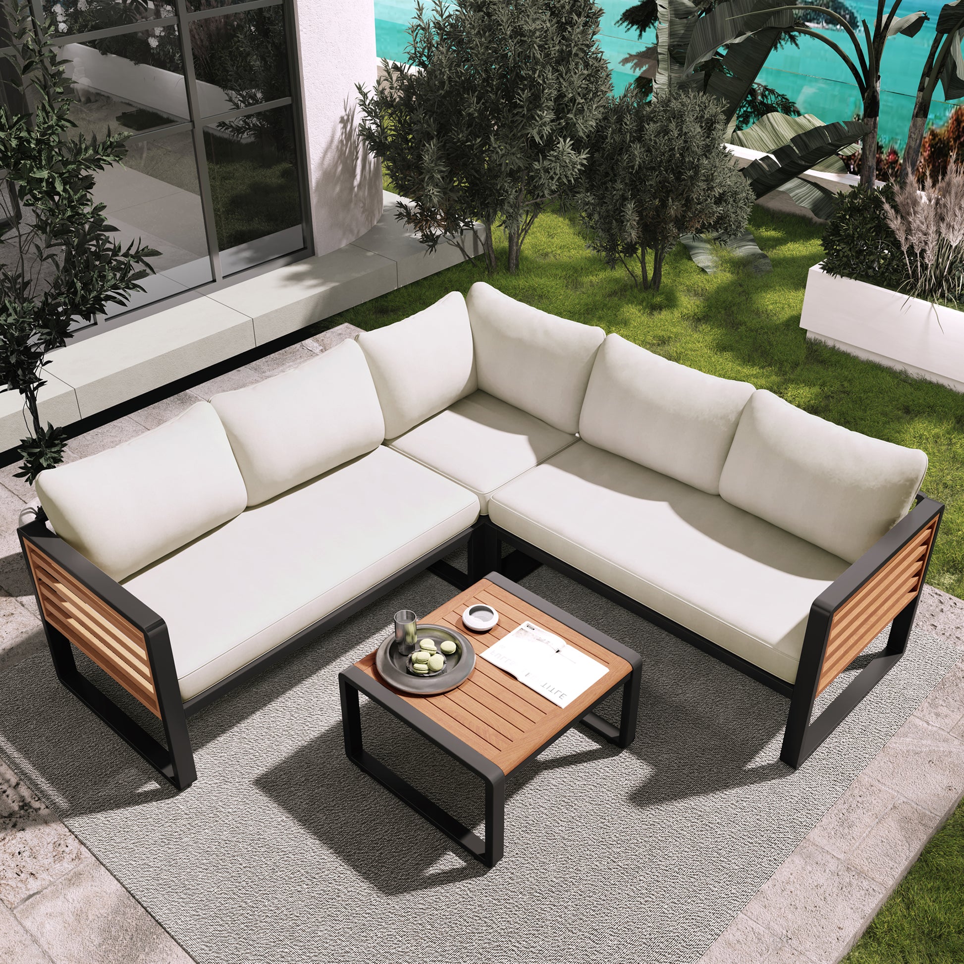 YIORTWO 4 Piece Patio Furniture Set, L-shaped Sofa with Beige Cushions & Acacia Wood Coffee Table, Black Metal Frame, Outdoor Modern Sectional Conversation Sofa Set for Deck, Yard, Porch, Garden - VANELC