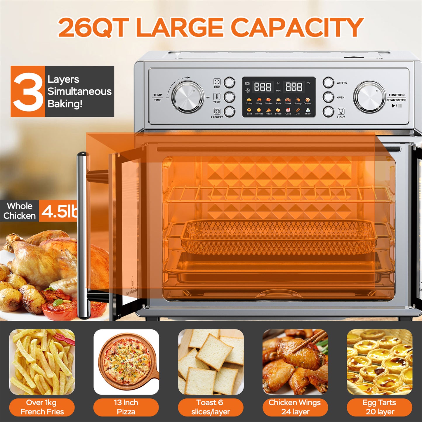 Plum Chef 27.5QT Air Fryer Toaster Oven Combo with 14 Presets, Digital Control, Stainless Steel Large Countertop Oven for Baking, Roasting, Air Frying, Includes Accessories, Silver - VANELC