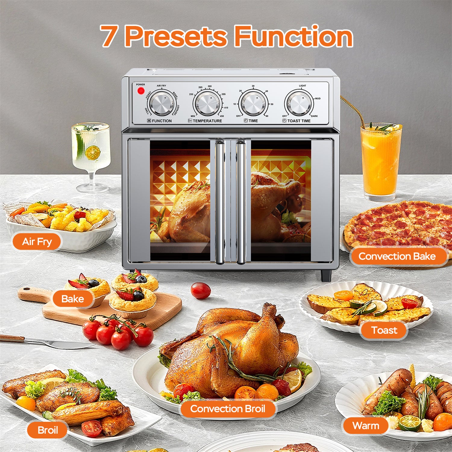 Plum Chef Air Fryer Toaster Oven, 27.5QT 7-in-1 Convection Countertop Oven with Air Fry, Bake, Grill, Toast, Dehydrate, Perfect for Family Kitchen, Healthy Low Oil Cooking, Ideal Gift, Silver - VANELC