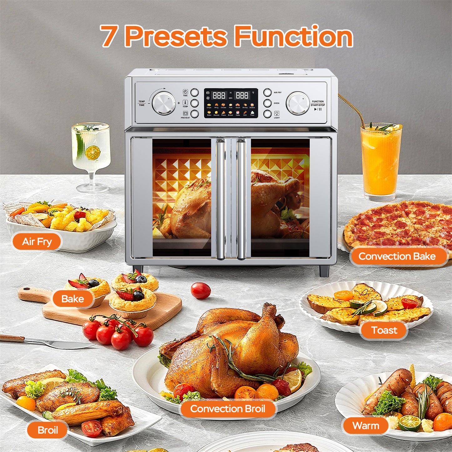Plum Chef 27.5QT Air Fryer Toaster Oven Combo with 14 Presets, Digital Control, Stainless Steel Large Countertop Oven for Baking, Roasting, Air Frying, Includes Accessories, Silver - VANELC