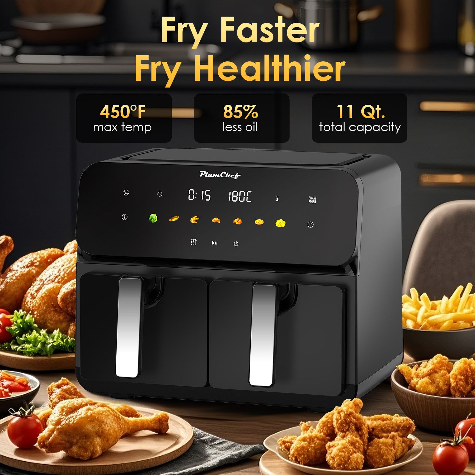 Plum Chef 11-Quart Dual Basket Air Fryer, 2 Independent 5.5QT Zones with Smart Finish, 1700W 7-in-1 Combo - VANELC