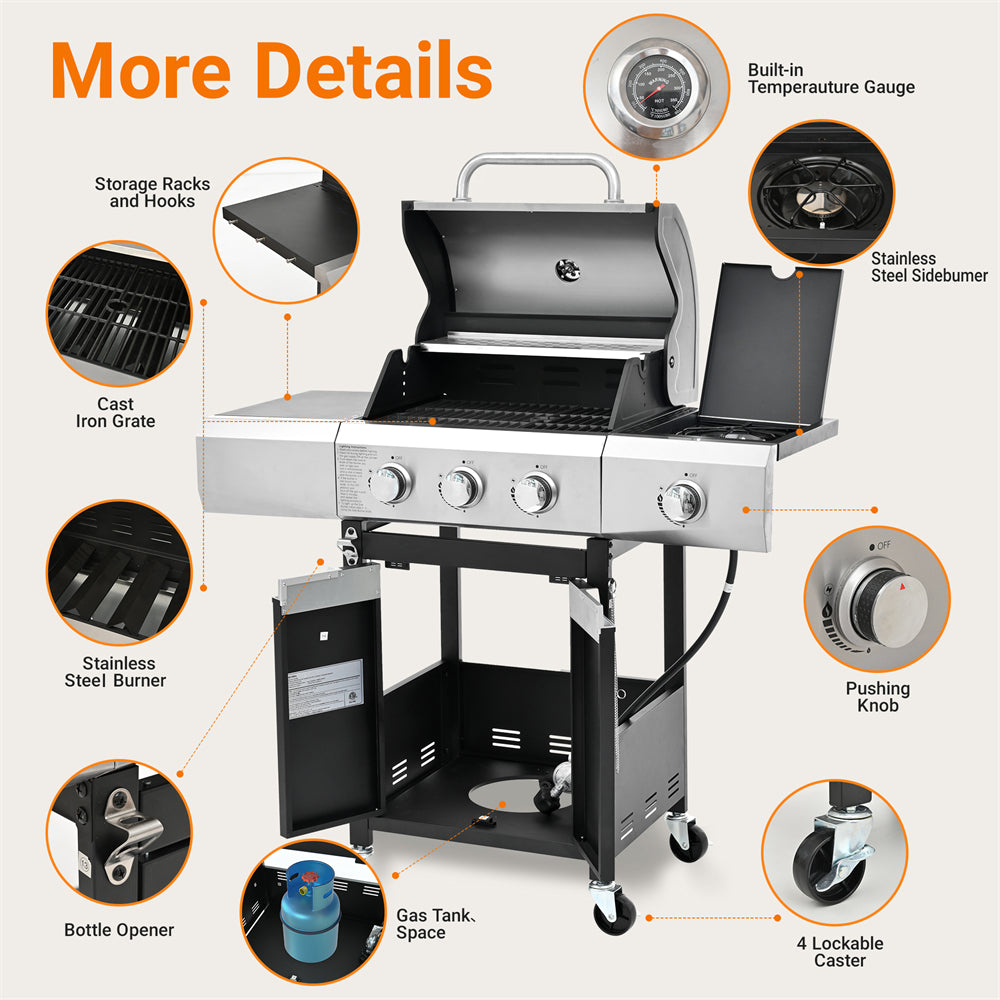 Highsound 3-Burner Propane Gas Grill with Side Burner, 37,000 BTU Outdoor BBQ Grill, Portable Stainless Steel Grill on Wheels for Patio, Garden, Black