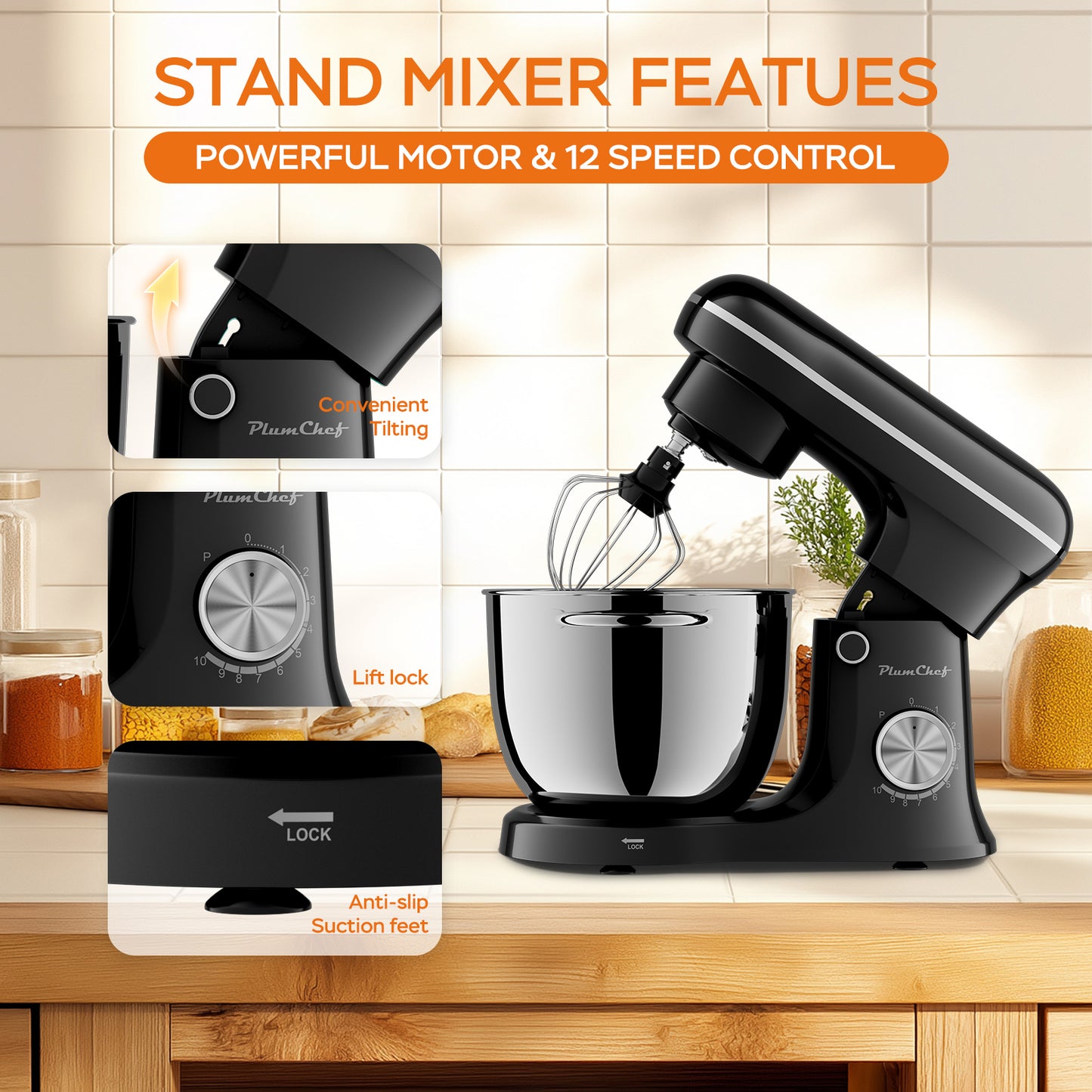 Plum Chef 5QT Stand Mixer, 300W 10-Speed Electric Kitchen Mixer with Dough Hook, Beater & Whisk for Baking, Kneading & Whipping, Black - VANELC