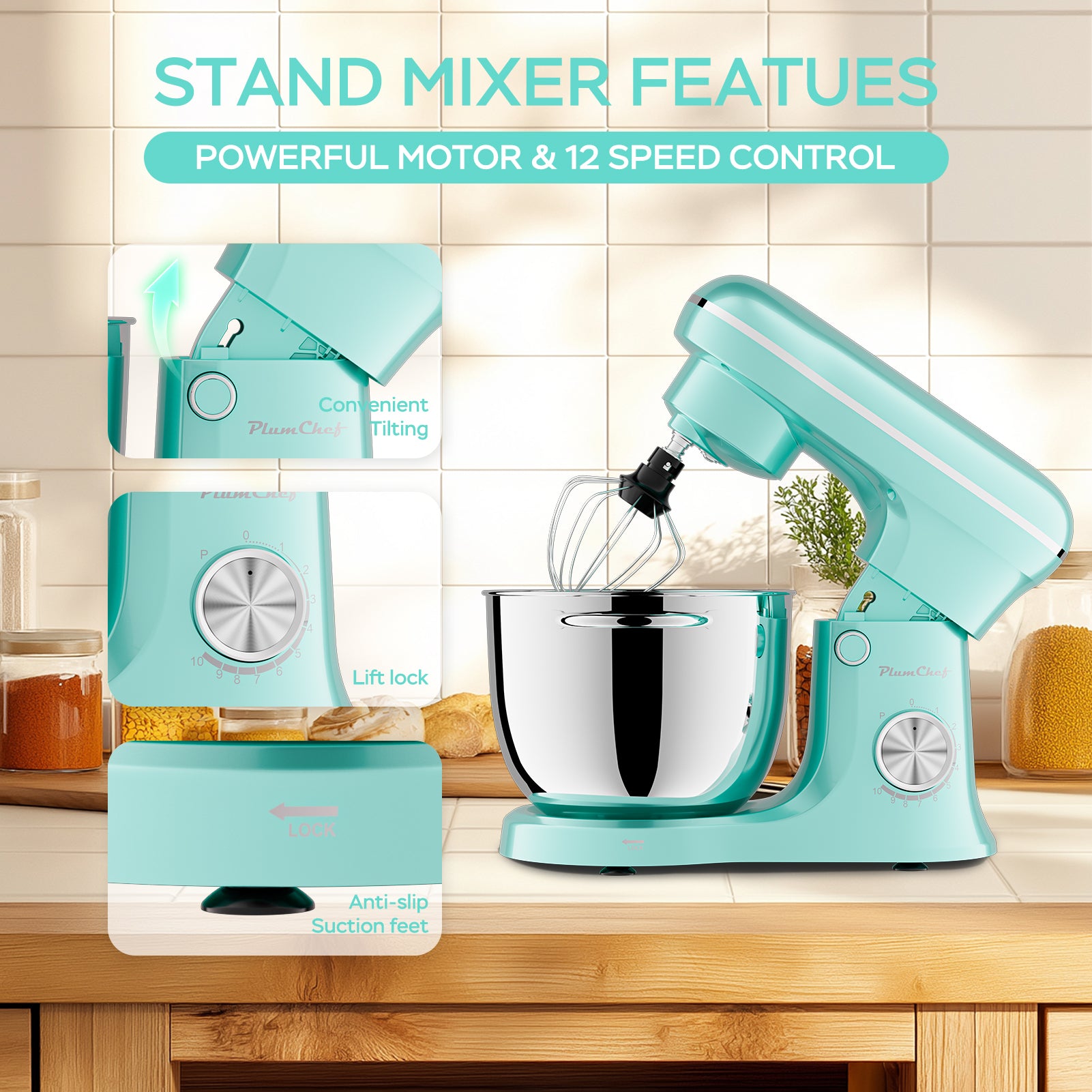 Plum Chef 5QT Stand Mixer with Extra 4.5QT Bowl & Timer, 300W Kitchen Mixer with Dough Hook, Beater, Whisk, 10 Speeds, Perfect for Baking, Retro Blue - VANELC
