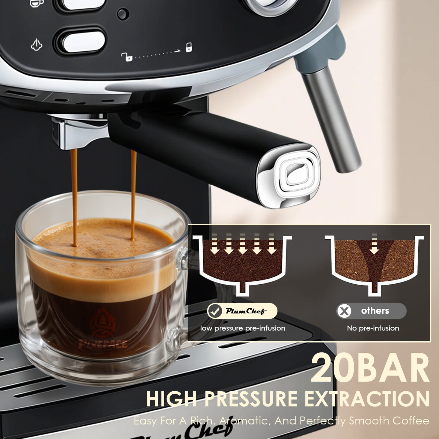 Plum Chef Espresso Machine with Automatic Milk Frother, 20 Bar Cappuccino Machines for Home, Coffee Maker with ESE Filters, 1.8L Water Tank, 1350W, Black - VANELC
