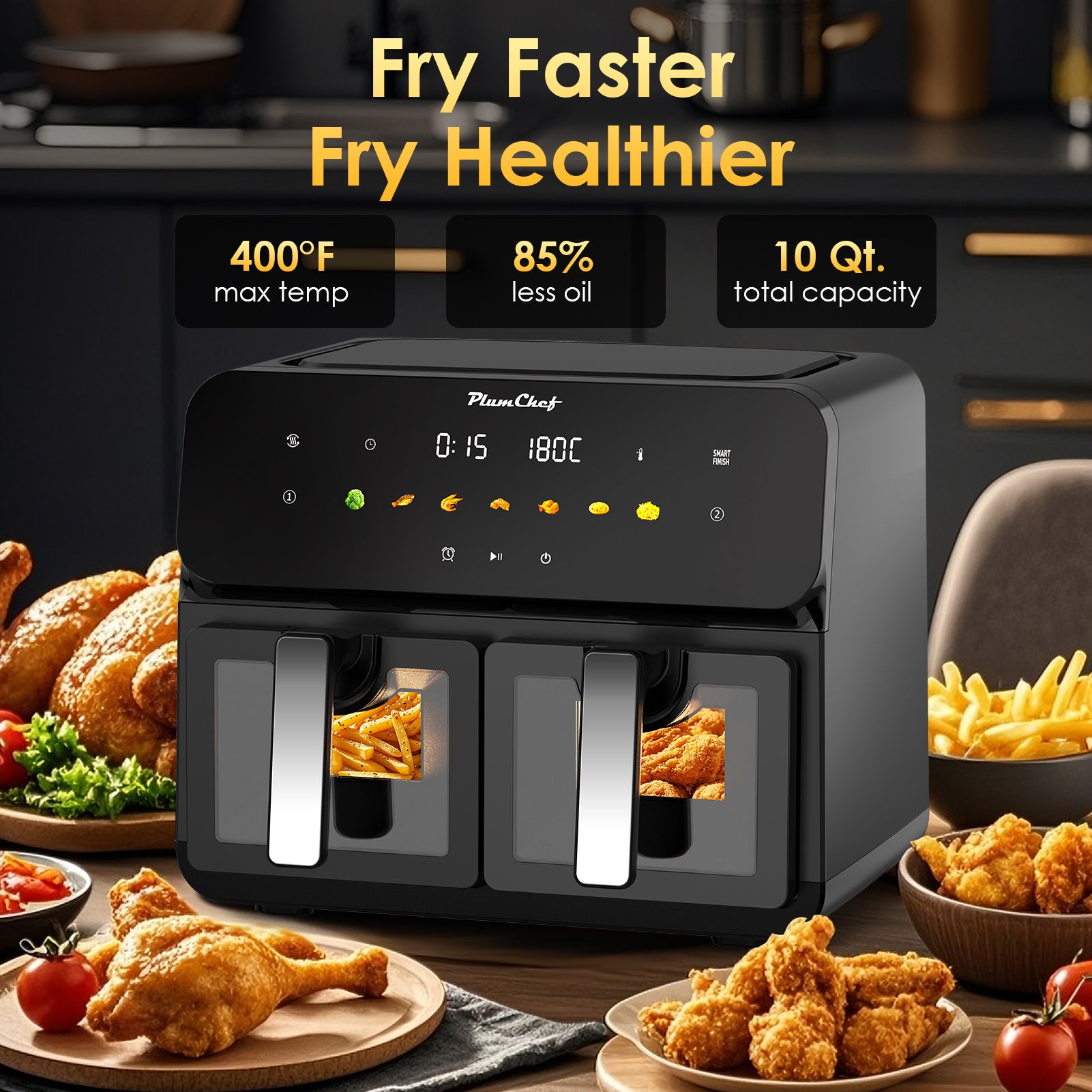 Plum Chef 11-Quart Dual Basket Air Fryer, 2 Independent Cooking Zones with Smart Finish, 1700W 7-in-1 Combo, Black - VANELC