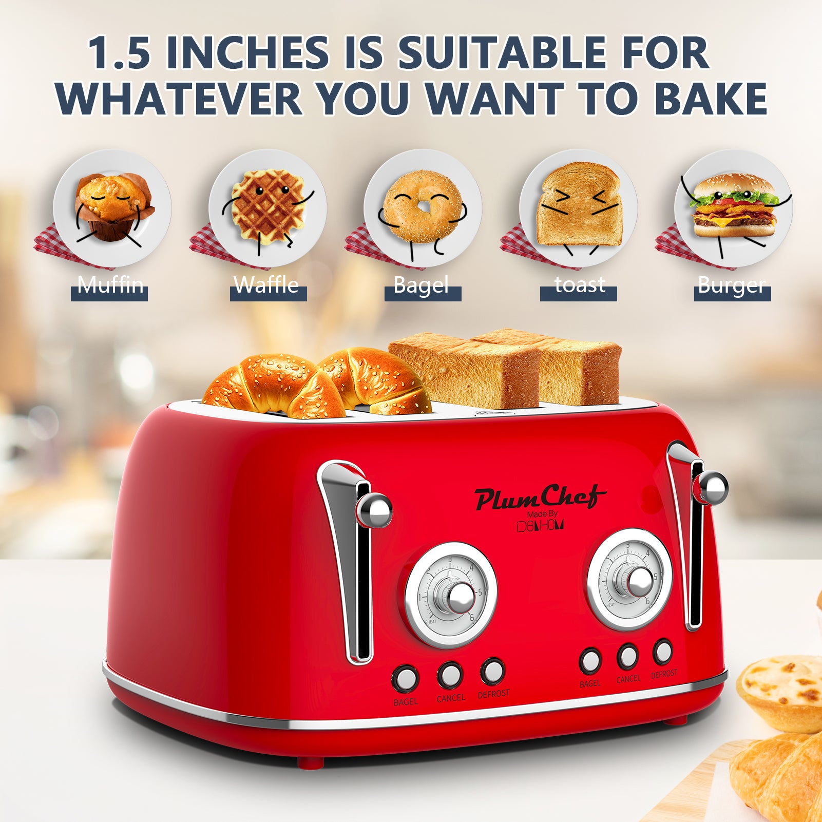 Plum Chef 4 Slice Toaster, Retro Stainless Steel with Bagel Defrost Cancel Function, 6 Browning Settings, Dual Control Toaster with Extre Wide Slot & Removable Crumb Tray, Red, 1650W - VANELC