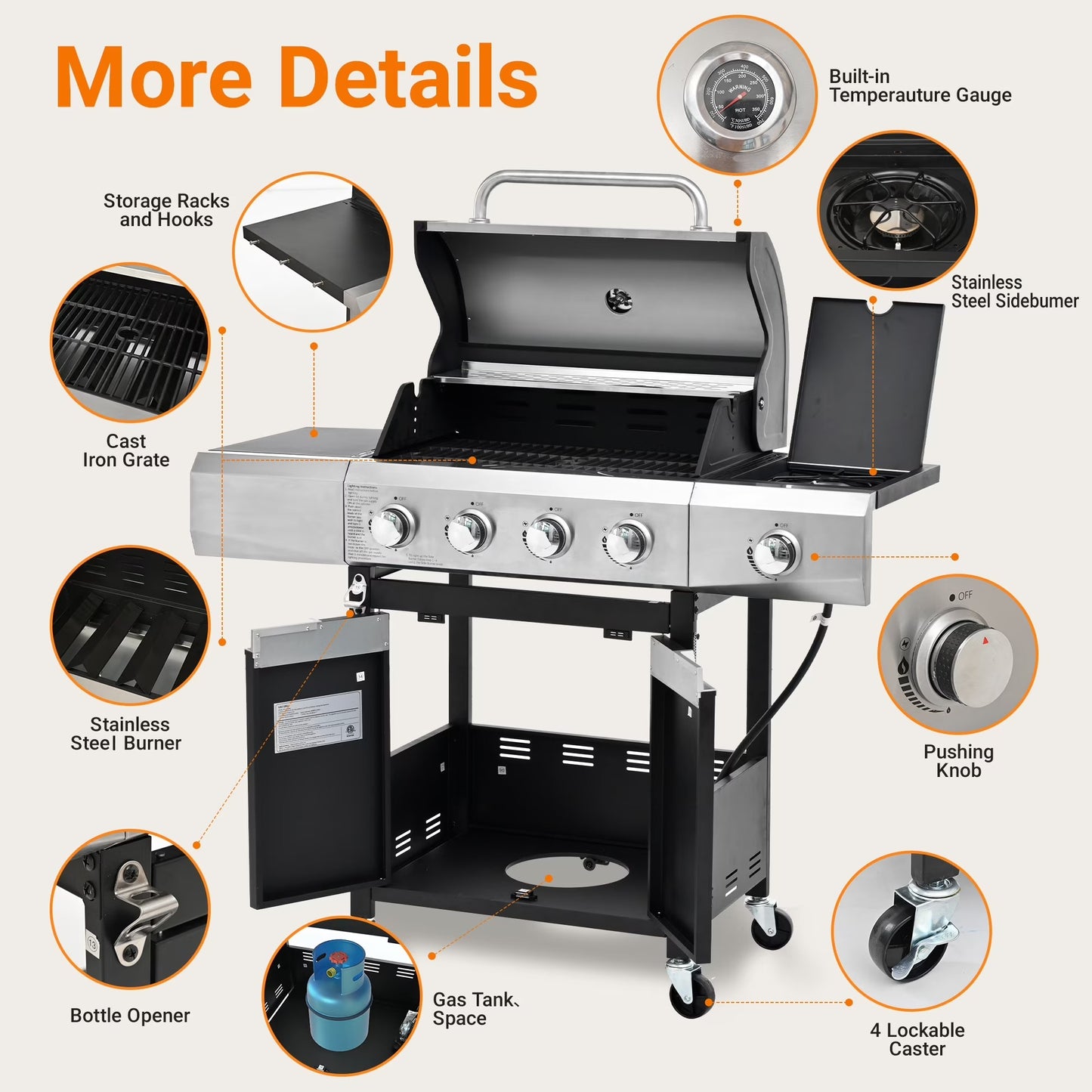 YIORTWO 4-Burner Propane Gas Grill with Side Burner, 51,000 BTU Outdoor Barbecue Grill, Stainless Steel BBQ Grill for Backyard Cooking, Black