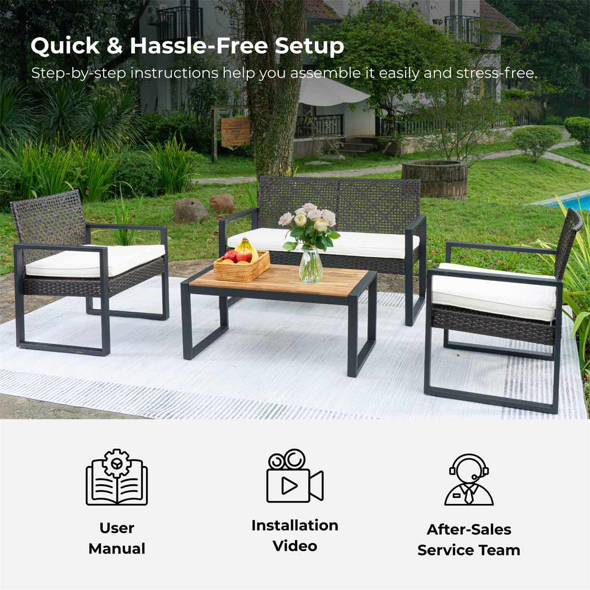YIORTWO 4-Piece Patio Furniture Set, Outdoor Wicker Conversation Set with Acacia Wood Coffee Table and Beige Cushions, Brown - VANELC