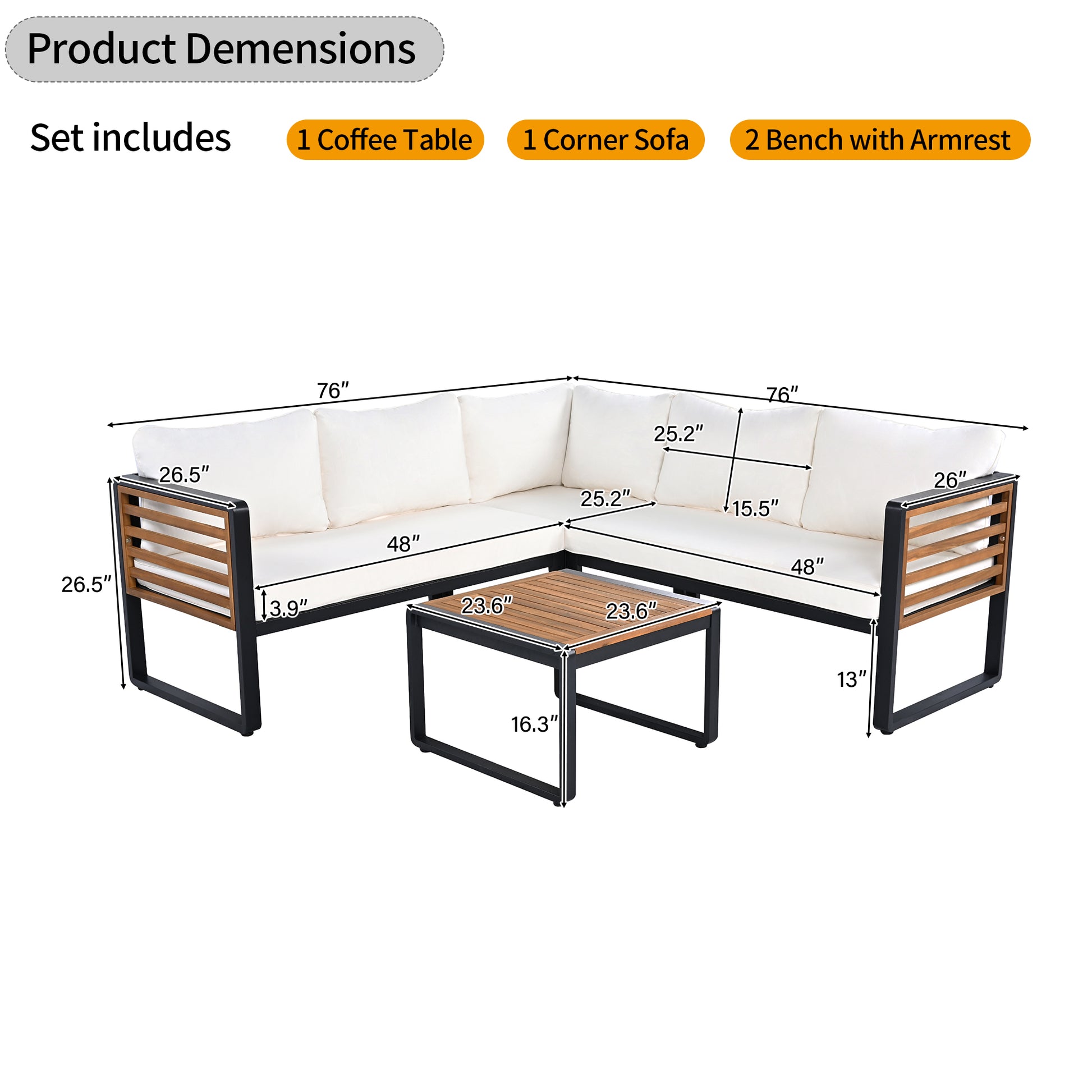 YIORTWO 4 Piece Patio Furniture Set, L-shaped Sofa with Beige Cushions & Acacia Wood Coffee Table, Black Metal Frame, Outdoor Modern Sectional Conversation Sofa Set for Deck, Yard, Porch, Garden - VANELC