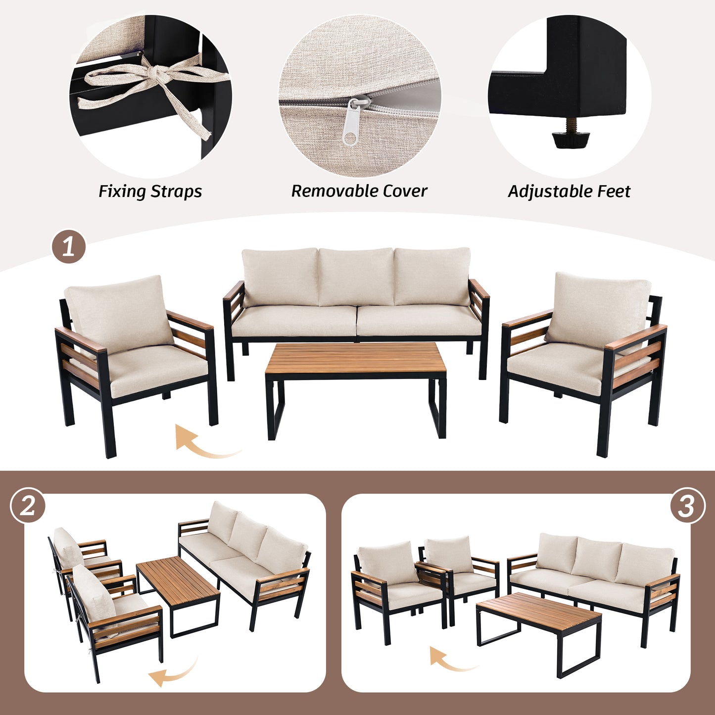 YIORTWO Patio Furniture Set, 4 Piece Outdoor Patio Furniture with Coffee Table Set, Metal Patio Conversation Sets with Washable and High-Resiliency Sponge Cushions, Beige - VANELC