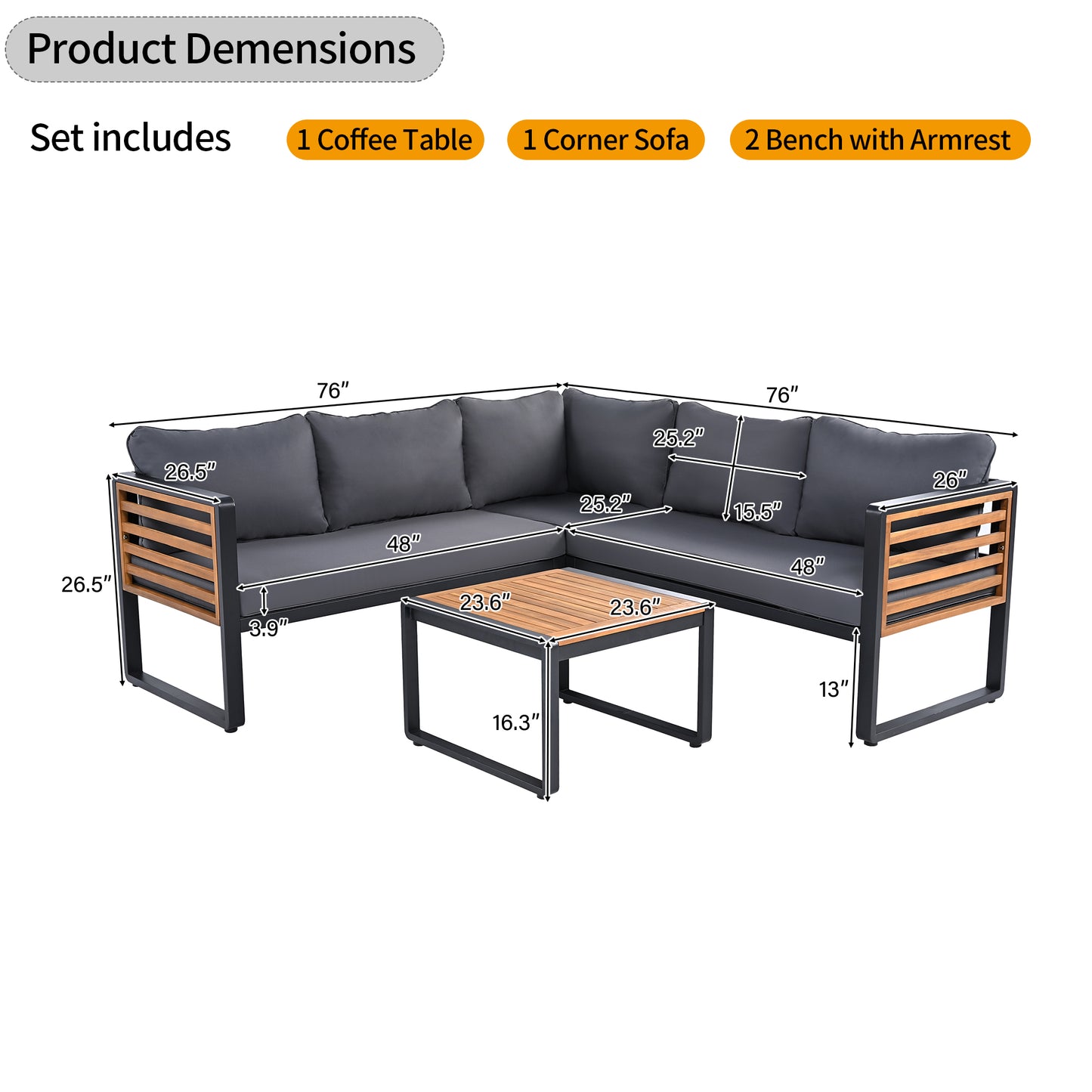 YIORTWO 4 Piece Patio Furniture Set, L-shaped Sofa with Gray Cushions & Acacia Wood Coffee Table, Black Metal Frame, Outdoor Modern Sectional Conversation Sofa Set for Deck, Yard, Porch, Garden - VANELC