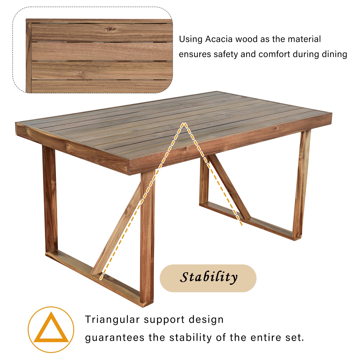 HighSound 6-Piece Outdoor Acacia Wood Dining Set, Patio Table and Chairs Set with Bench for 6-7 People, Outdoor Dining Furniture Set for Garden, Backyard and Poolside, Natural - VANELC